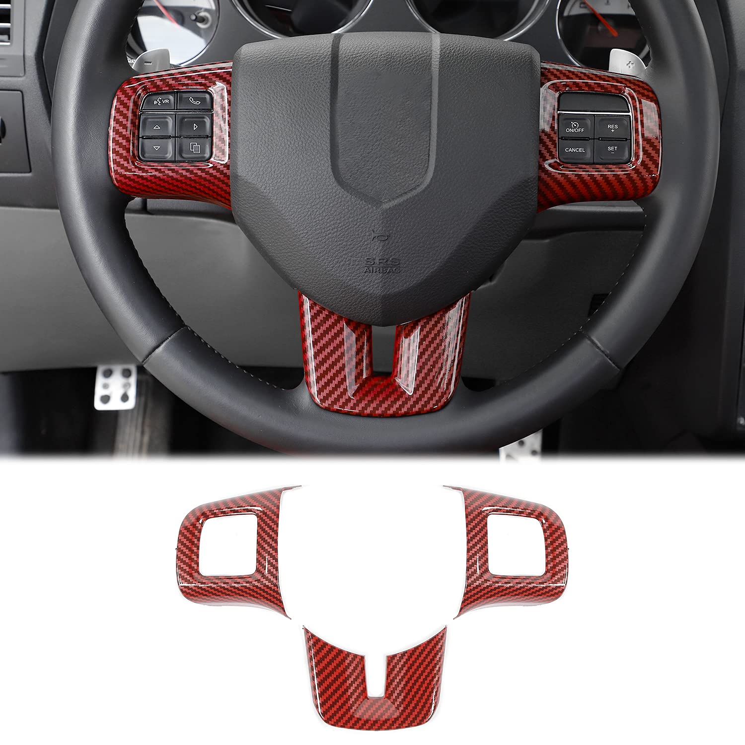Linskip Steering Wheel Trim Cover - 3Pcs Red Carbon Fiber Design for Dodge Journey 2013-2022, Charger, Challenger, Durango, Dart 2009-2014 - Premium Interior Accessories for Enhanced Grip & Style - Perfect for Daily Commuting & Road Trips