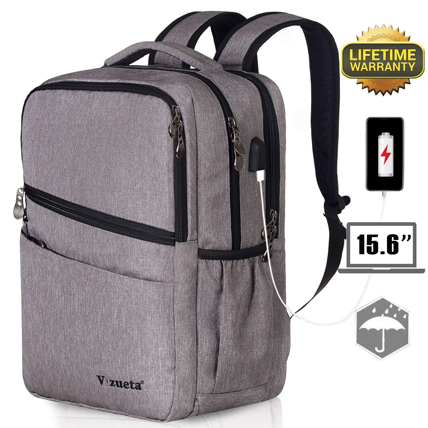 Stylish Grey Business Laptop Backpack for Women & Men - Durable College School Travel Work Backpack with USB Charging Port - Perfect for Office, Commuting & Business Trips