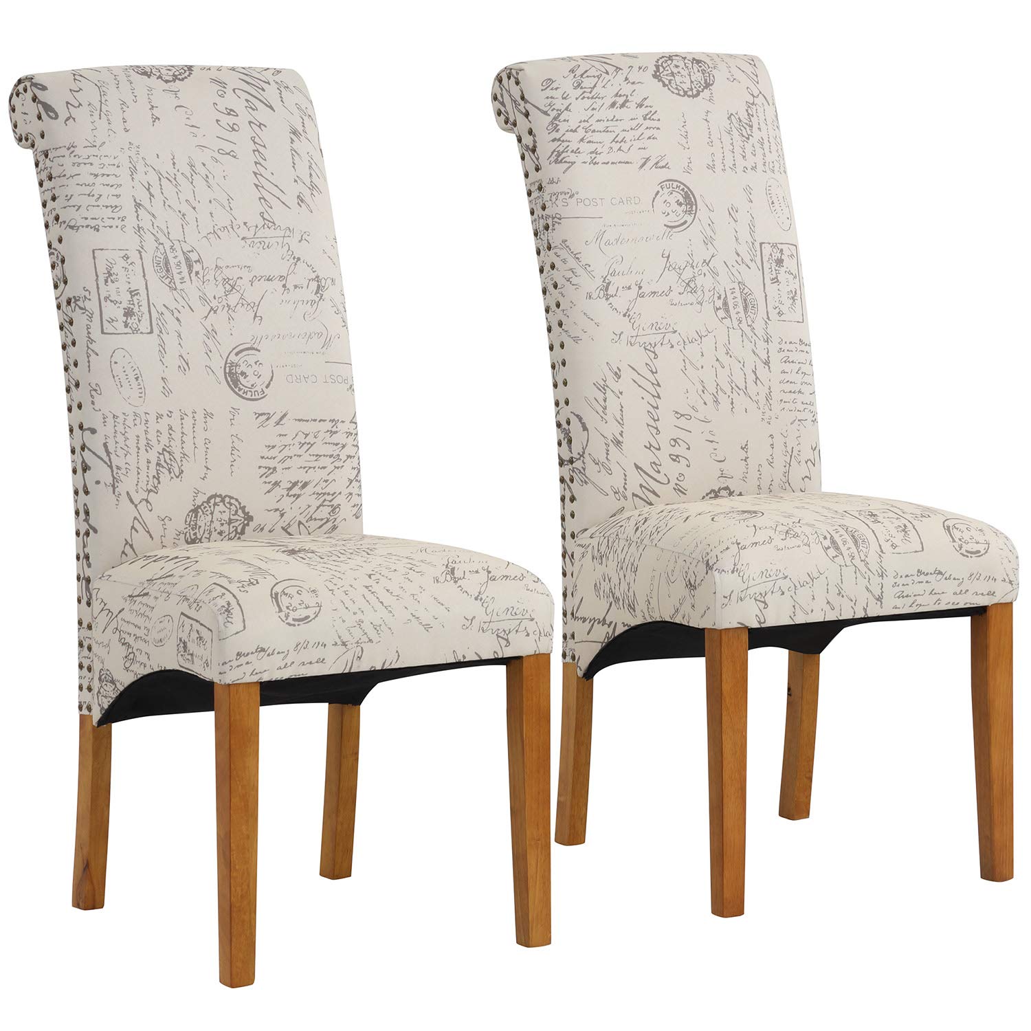 Swellsuite French Linen Dining Chairs Set of 2 - Upholstered Kitchen Chairs with Wooden Legs, Light Brown Embroidery/White and Blue Floral/White/Navy - Perfect for Dining Room, Kitchen, Living Room, and Home Office Decor