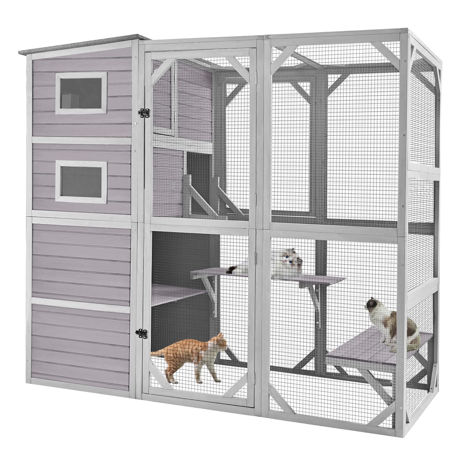Large Weatherproof Outdoor Cat Enclosure for Multiple Cats - 4 Levels, 3 Resting Rooms & 3 Platforms - 77