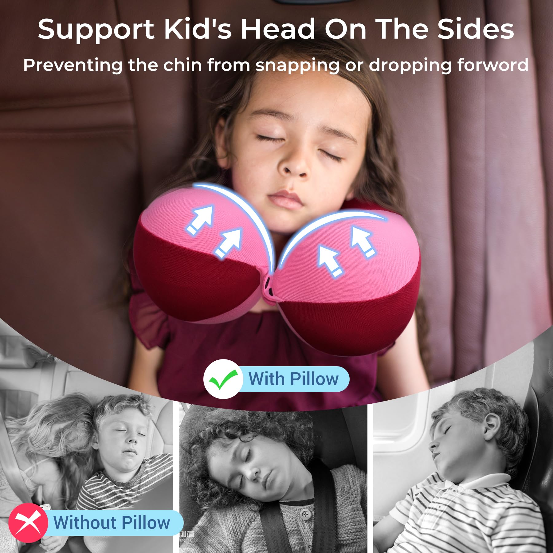 COOLBEBE Kids Travel Neck Pillow - Soft & Comfortable Headrest for Airplane, Car Rides - Perfect Travel Gift for Toddlers & Children (Raspberry Pink) - Ideal for Long Flights, Road Trips & Nap Time