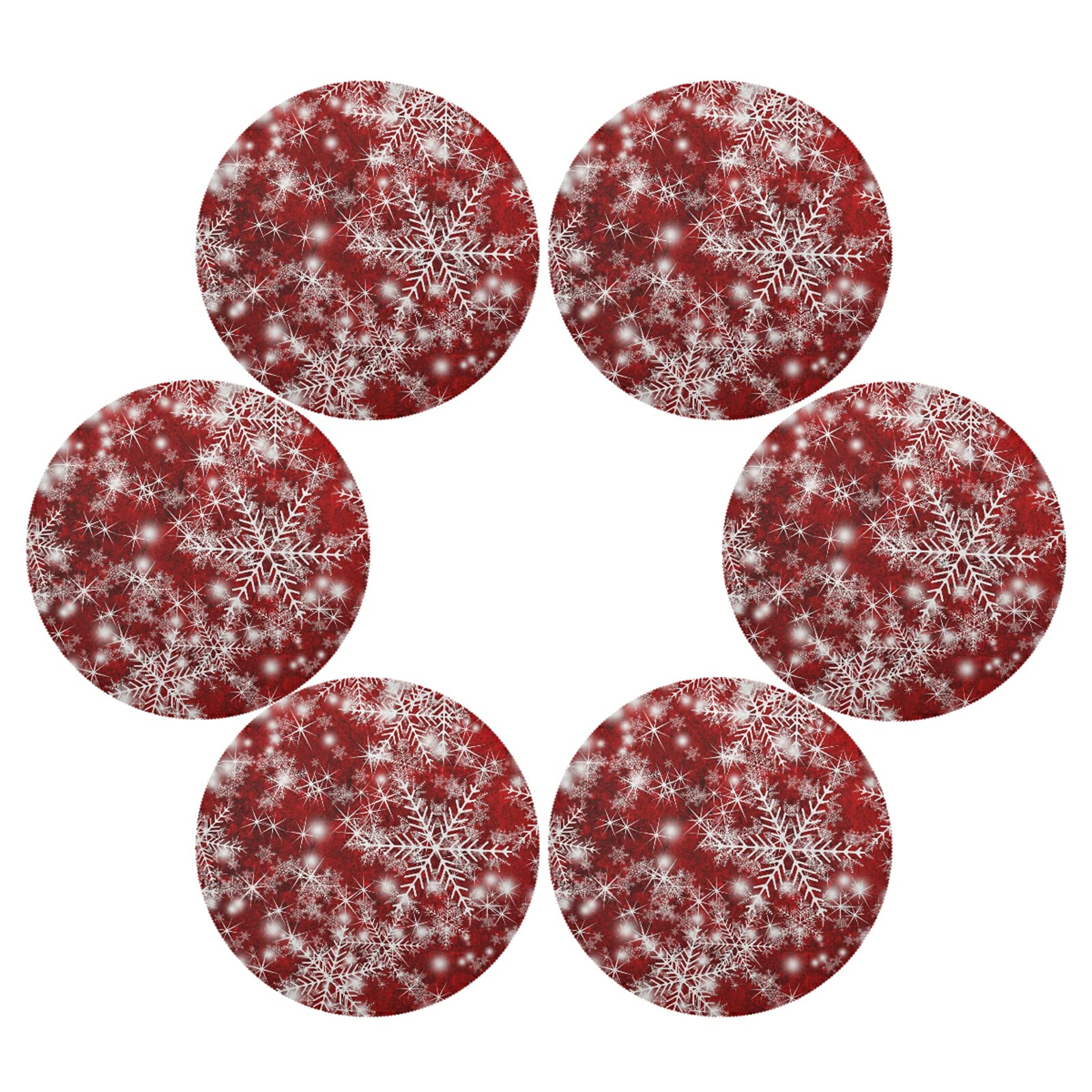 6-Pack Red Round Christmas Placemats with Snowflake Design - Washable Holiday Table Mats for Kitchen Dining, Party Decor & Festive Home Decor