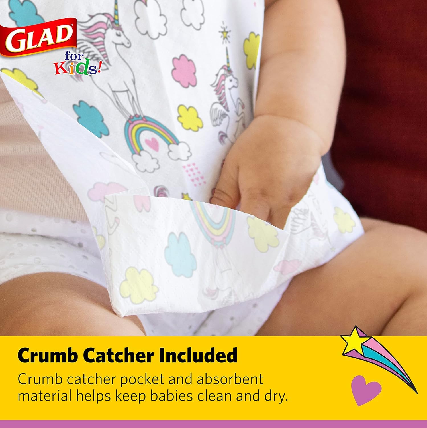 Glad for Kids Unicorns Disposable Bibs - 24 Pack Cute Unicorn Design Baby Feeding Bibs for Toddlers, Mess-Free Mealtime & On-the-Go Convenience
