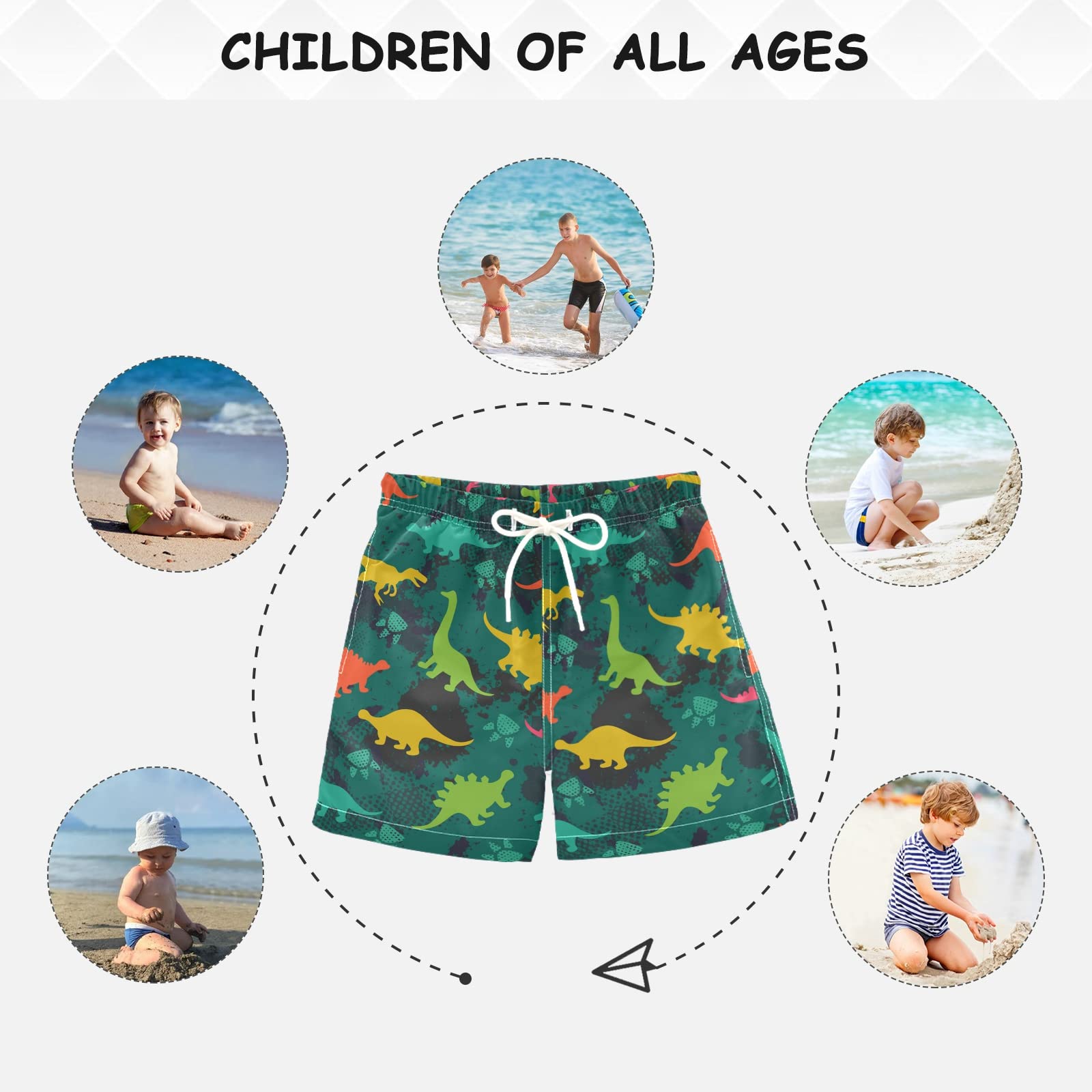Dinosaurs Boys Swim Trunks - Quick Dry Toddler Swimsuits with Adjustable Waist | Beach & Pool Board Shorts for Kids 2T-16 | Perfect for Summer Swimming, Water Parks & Family Vacations