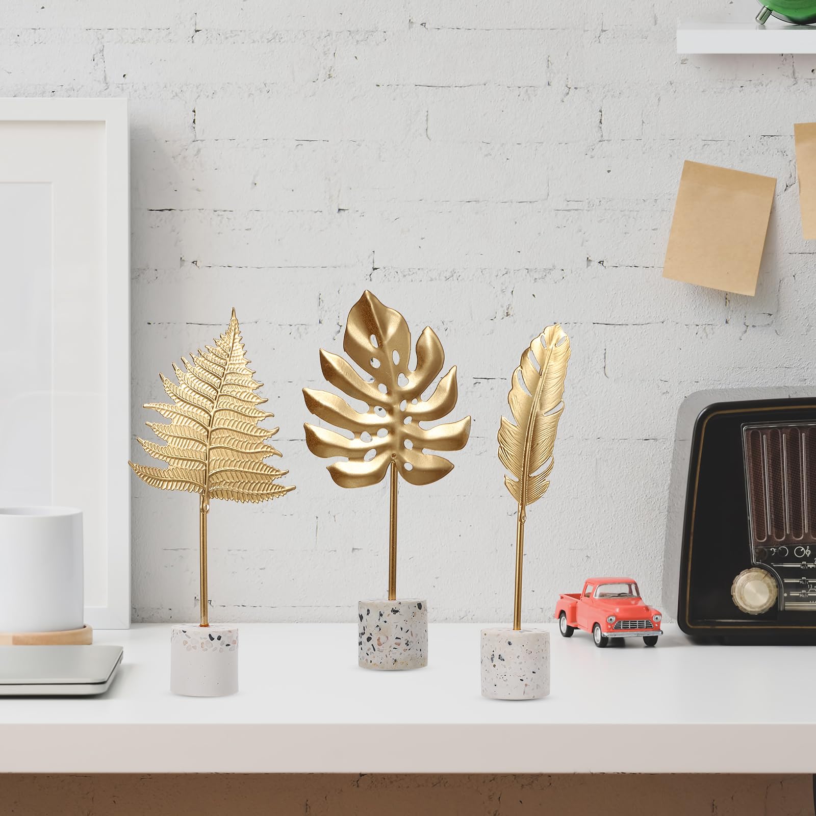 IMIKEYA 4pcs Gold Leaf Sculpture Statue Set with Metal Base - Elegant Home & Office Desktop Decor - Perfect for Living Room, Bookshelf, or Gift Giving