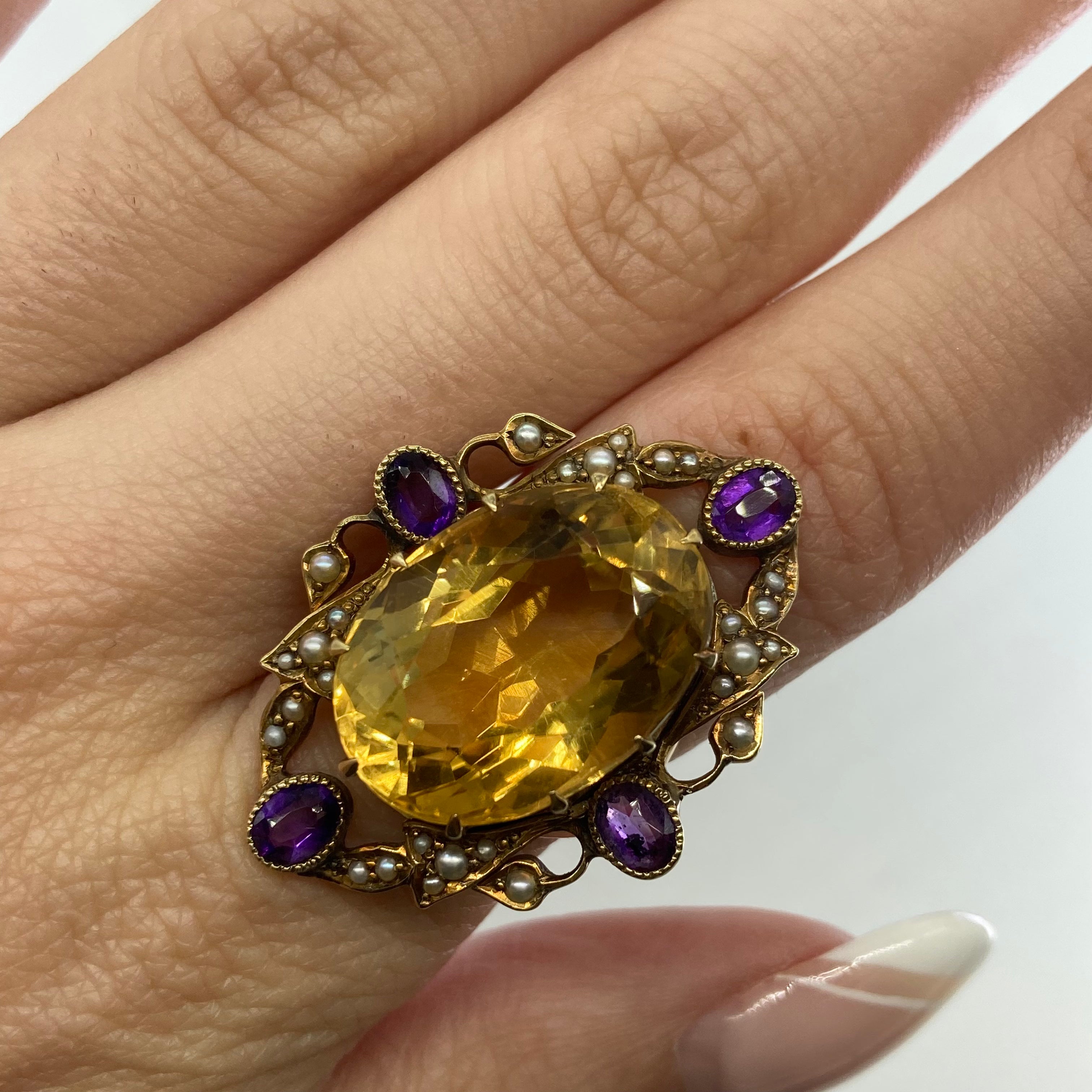 Victorian Citrine Cocktail Ring - 13.15ct Genuine Citrine with 0.60ctw Diamond Accents | Size 5.5 | Elegant Statement Jewelry for Evening Parties, Weddings & Special Occasions