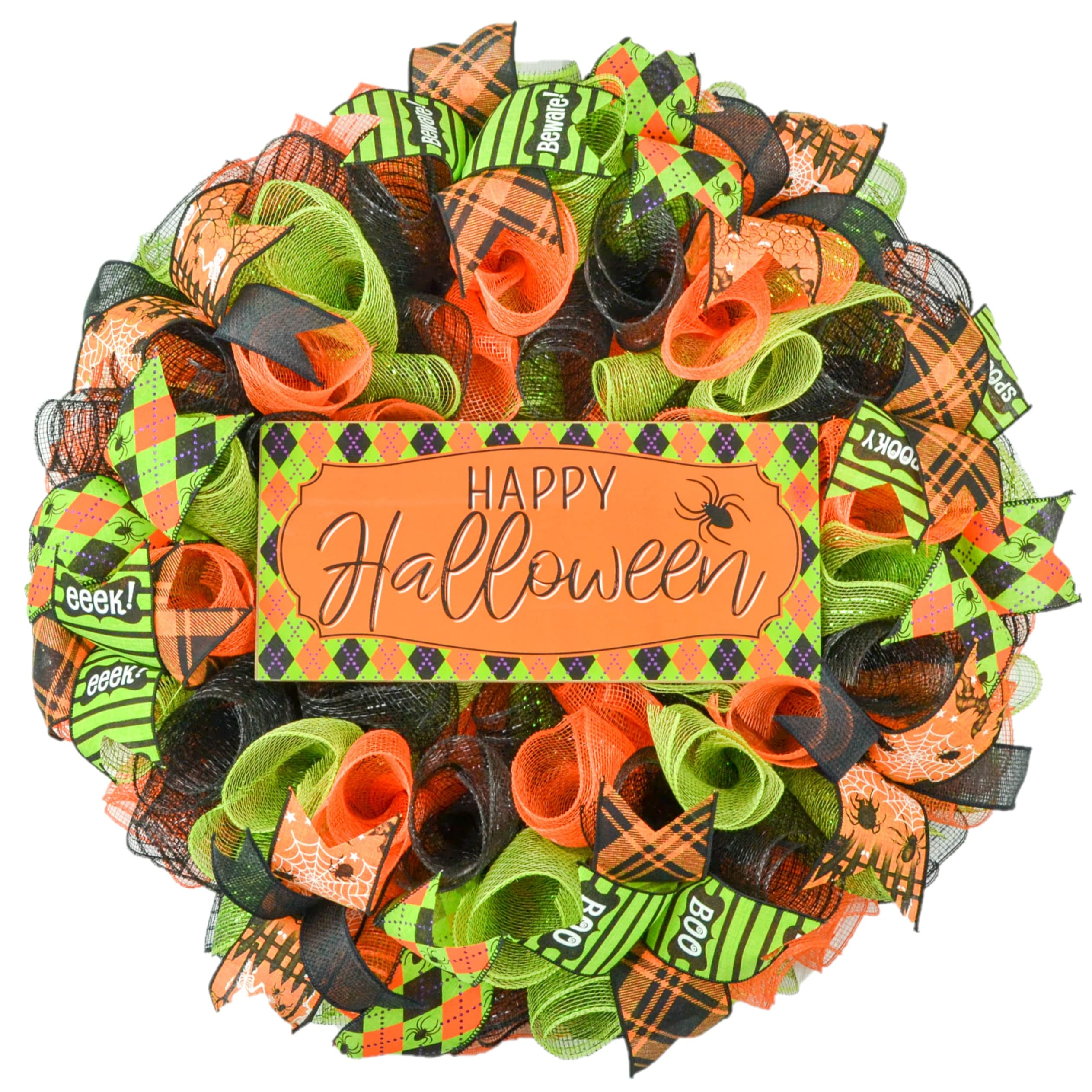 Happy Halloween Wreaths - Mesh Outdoor Front Door Decor in Black, Orange, Purple & Lime Green | Spooky Fall Porch Decoration for Home & Party