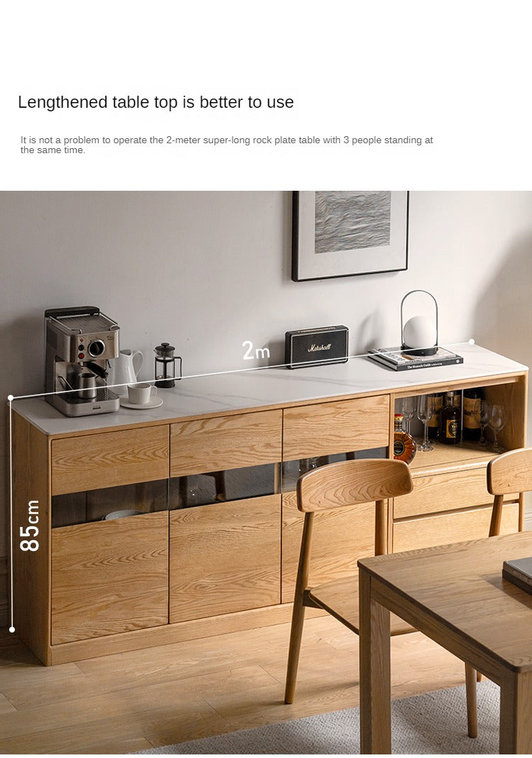 Oak Solid Wood Nordic Sideboard with Slate Top - Modern Buffet Cabinet for Dining Room, Living Room & Entryway Storage