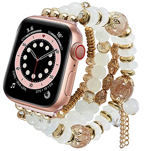 Olytop Boho Beaded Bracelet for Apple Watch 38mm 40mm 41mm - Compatible with iWatch Series 7/SE/6/5/4/3/2/1 - Handmade Multilayer Pearl Elastic Stretch Strap Wristband for Women & Girls - Perfect for Casual Wear, Office Accessories and Boho Fashion