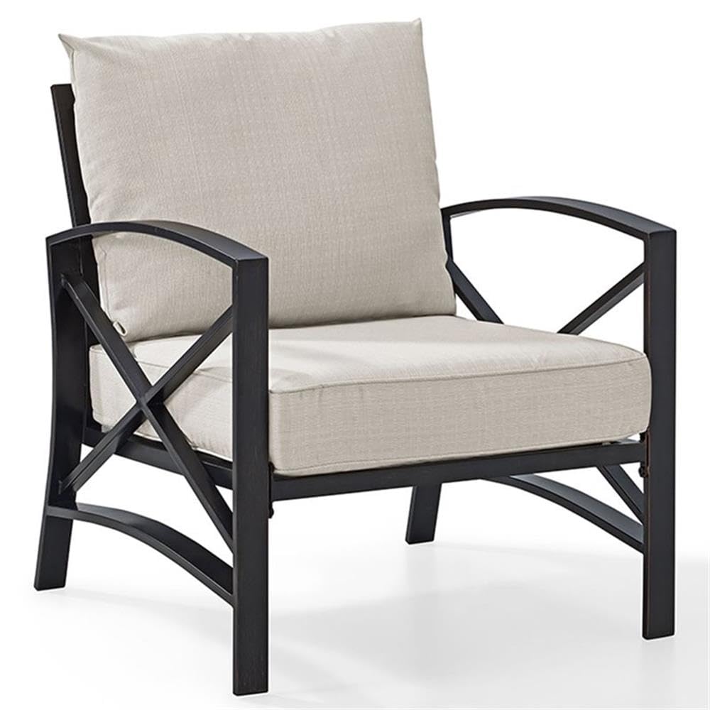 Oil Rubbed Bronze Metal and Oatmeal Fabric Patio Arm Chair - Outdoor Lounge Seating for Garden, Deck, and Poolside Relaxation