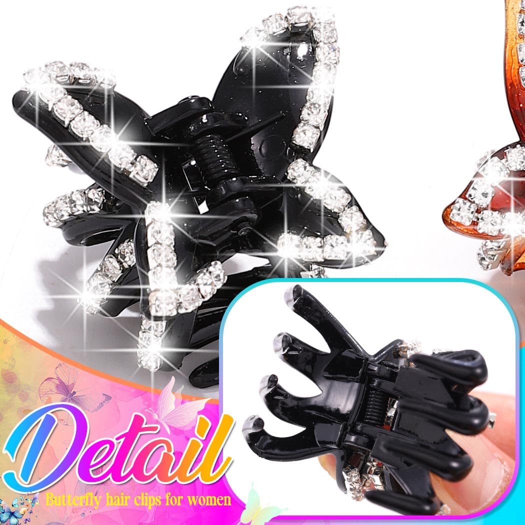 BARTOSI Small Rhinestone Butterfly Hair Claw Clips for Women & Girls - Black Mini Hair Accessories (2-Pack) | Perfect for Ponytails, Updos & Everyday Hairstyles