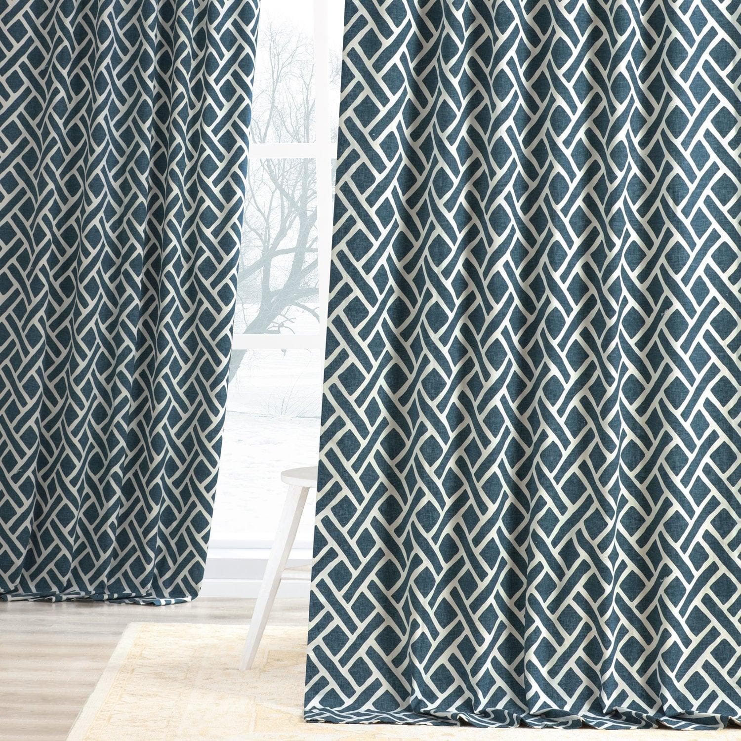 Martinique Blue Geometric Printed Cotton Room Darkening Curtains - Blackout Window Drapes for Bedroom, Living Room & Nursery - Noise Reducing & Light Blocking Home Decor
