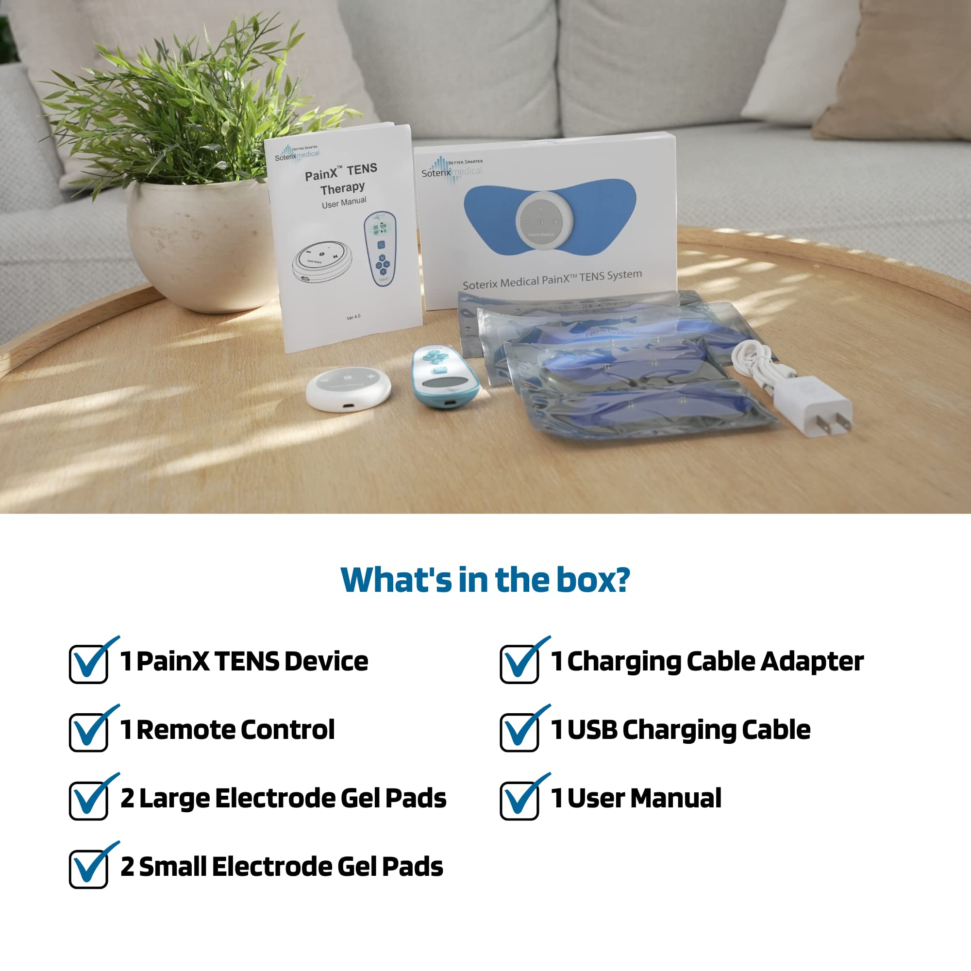 PainX Wireless TENS Unit & EMS Muscle Stimulator for Back Pain Relief - Rechargeable Electrode Pads with Remote Control for Neck, Knee, Face Pain - Portable Pain Relief Device for Home, Office & Travel Use