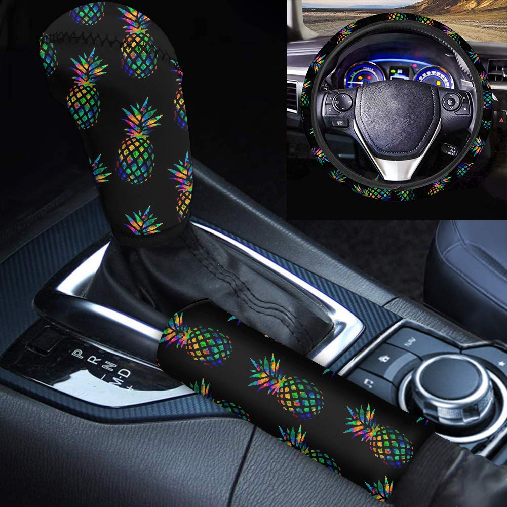 JEOCODY Tropical Pineapple Car Steering Wheel Cover Set with Handbrake & Gear Shift Covers - Universal Fit 14-15 Inch - Fun Summer Accessories for Beach Road Trips & Tropical Themed Cars