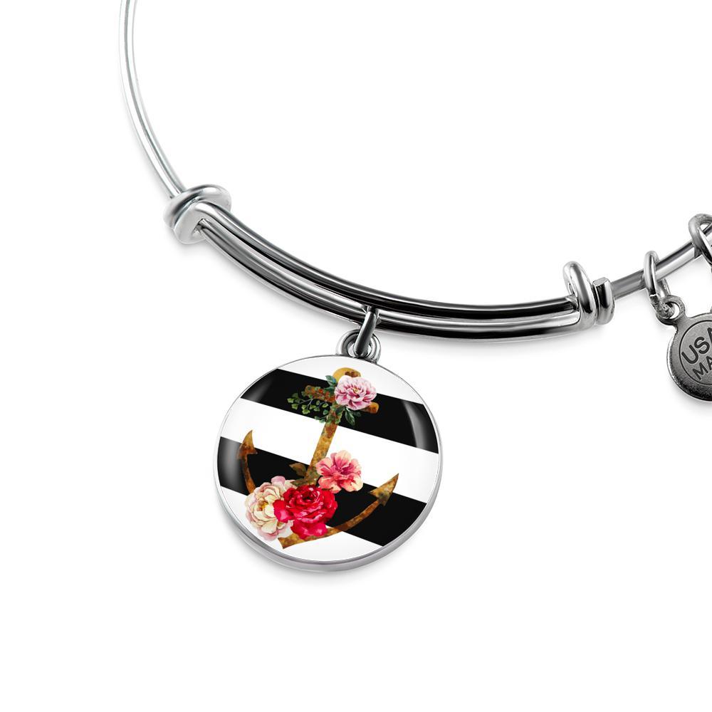 Elegant Floral Anchor Bangle Bracelet for Women - Trendy Nautical Jewelry Gift for Beach, Summer & Boho Fashion