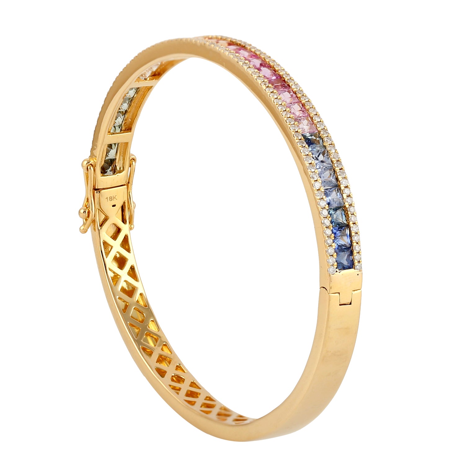 Exquisite Channel Set Multicolor Sapphire & Diamond 18k Yellow Gold Bangle Bracelet for Women - Perfect for Anniversaries, Weddings & Special Occasions