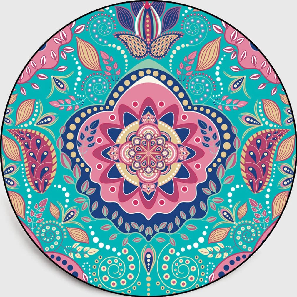 Bohemian Round Area Rug with Geometric Mandala Floral Design - Non-Shedding Non-Slip Indoor/Outdoor Carpet for Bedroom, Living Room, Kitchen - Perfect for Boho Home Decor, Yoga Space & Cozy Reading Nook (4.9' X 4.9')