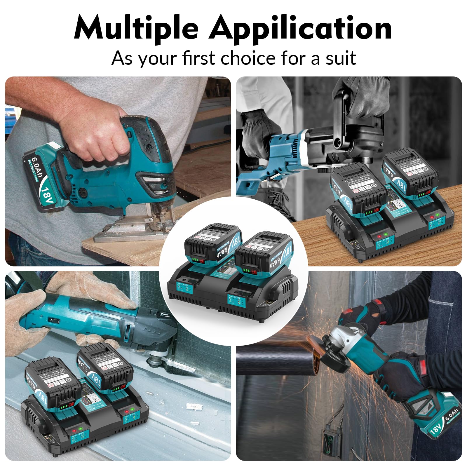 2Packs 6.0Ah Replacement Battery for Makita 18V Power Tools with 2-Port Fast Charger - Compatible with Drills, Saws, and Outdoor Power Equipment