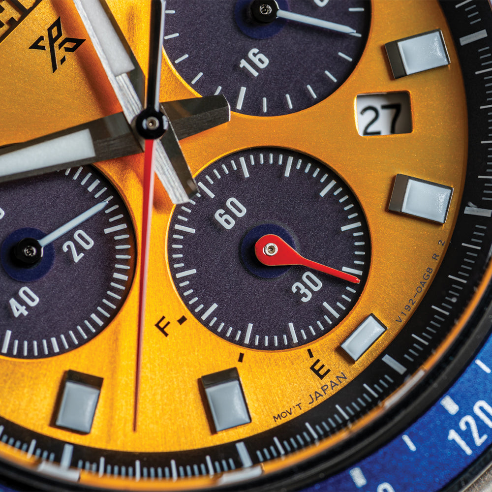 Seiko SSC947 Prospex Speedtimer Chronograph Pogue Watch - 41.4mm Yellow Dial with Stainless Steel Bracelet | Automatic Solar-Powered Sports Chronograph for Men | Perfect for Racing, Diving & Outdoor Adventures