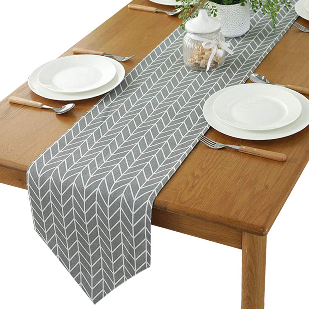 XFentech Linen Cotton Table Runner - Grey and Yellow Striped Kitchen Dining Table Decor, 30x200cm - Perfect for Farmhouse, Rustic, and Modern Home Decor