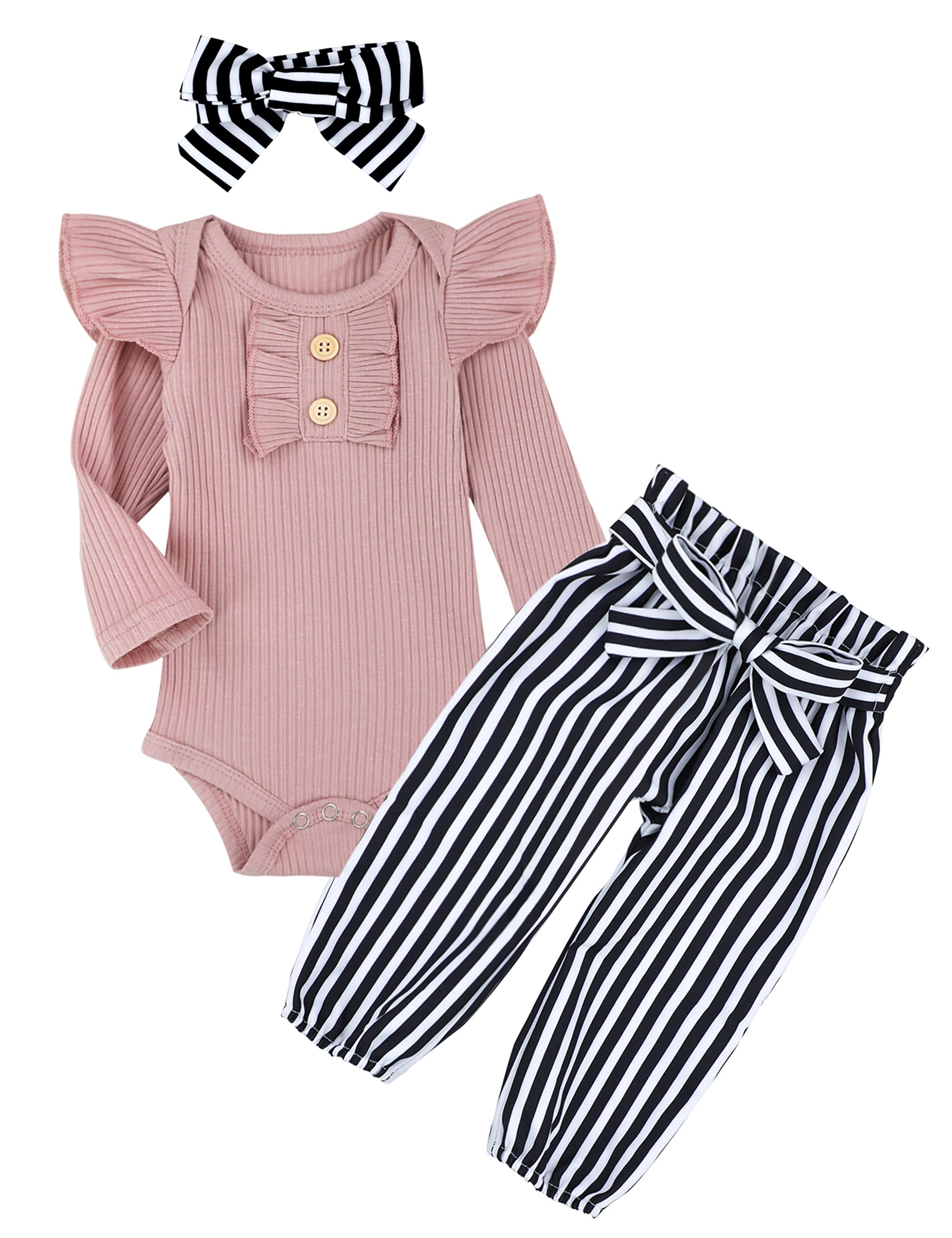 Adorable 3-Piece Newborn Baby Girl Outfit Set - Ribbed Ruffle Sleeve Romper, Floral Pants & Headband | Soft Cotton Infant Clothes for 0-12 Months | Perfect for Photoshoots, Parties & Special Occasions