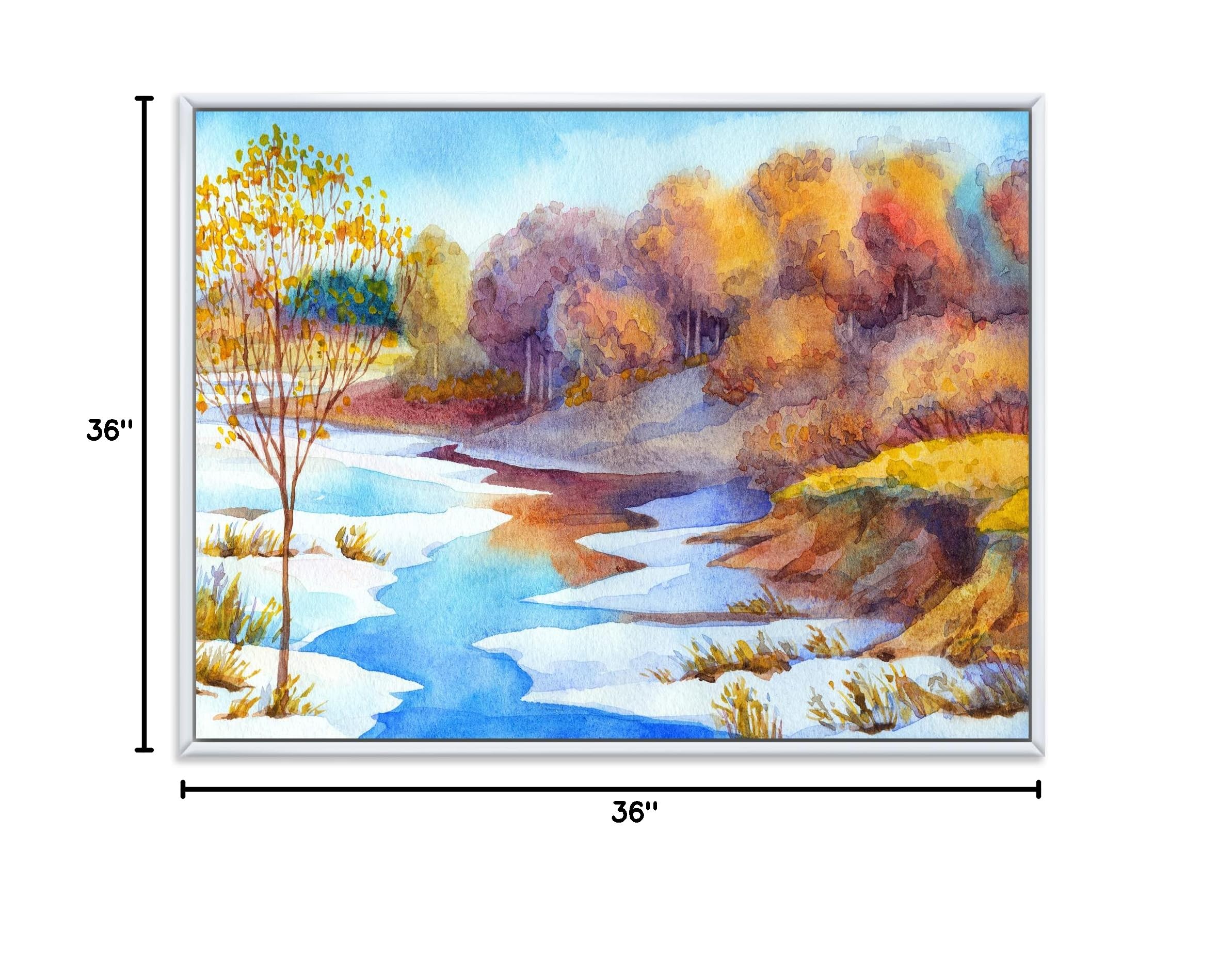 DesignQ Stream In Winter Forest Valley - Lake House Framed Canvas Wall Art Print for Living Room, Bedroom & Office Decor | Nature Landscape Painting for Home & Wall Decoration