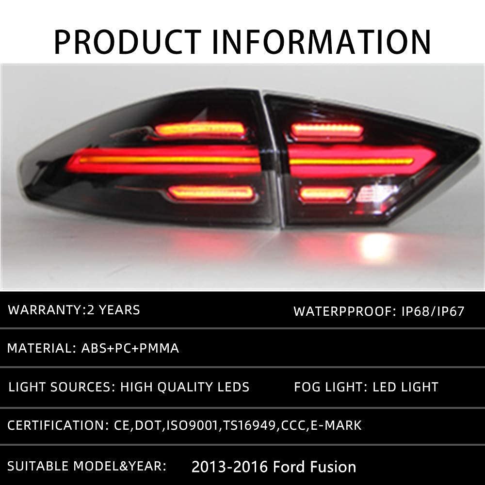 Ingenuity Time LED Tail Lights for Ford Fusion 2013-2016 | Sequential Turn Signals & Startup Animation | Rear Light Assembly | Perfect for Night Driving & Custom Car Upgrades