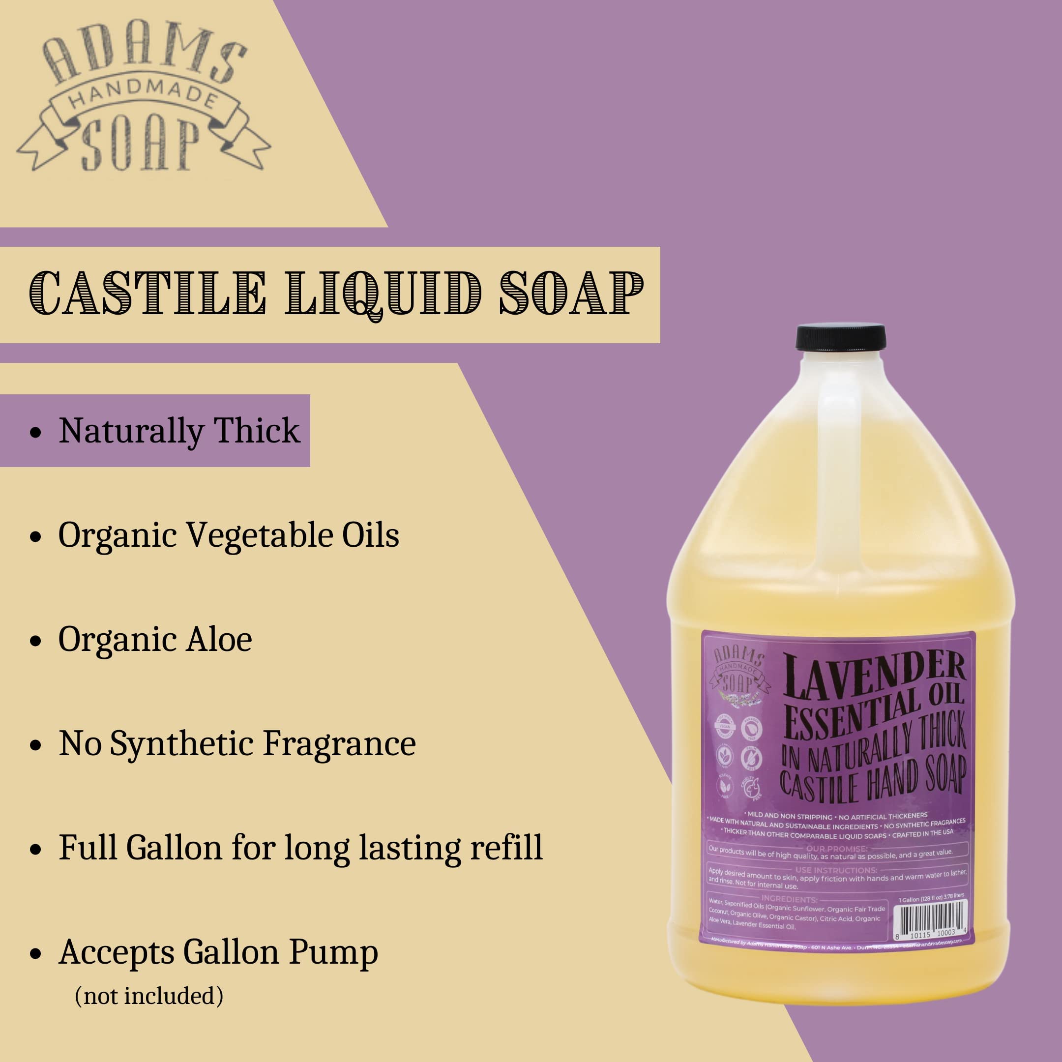 Adams Handmade Thick Castile Liquid Hand Soap 1 Gallon Refill - Natural Lavender Scent - Pack of 4 for Home, Spa & Commercial Use - Gentle Cleansing for Hands, Body & Household Cleaning