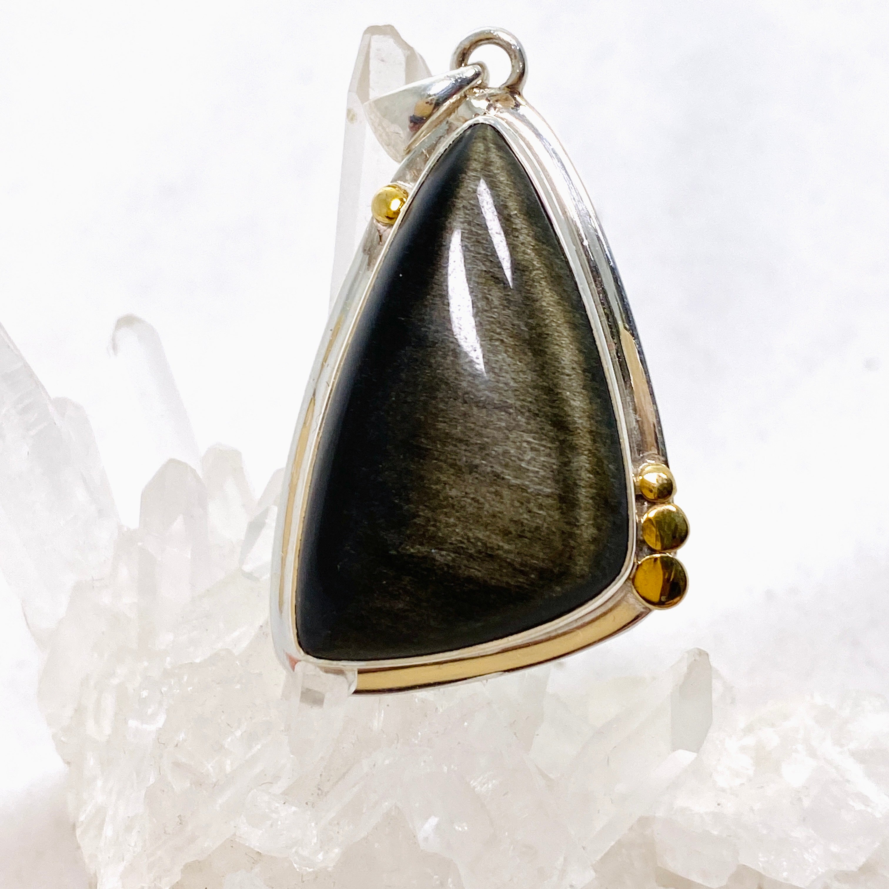 Goldsheen Obsidian Freeform Cabochon Pendant - Handcrafted Silver Jewelry with Decorative Setting KPGJ4762 | Perfect for Meditation, Energy Healing & Boho Fashion