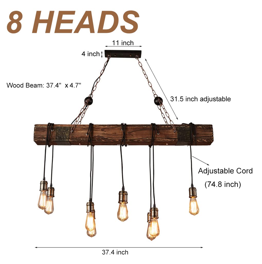 8-Light Wooden Chandelier - Rustic Industrial Pendant Light Fixture with Retro Design for Dining Room, Kitchen Island, Bar, Billiard Table & Pool Table | Perfect for Farmhouse, Loft & Industrial Decor
