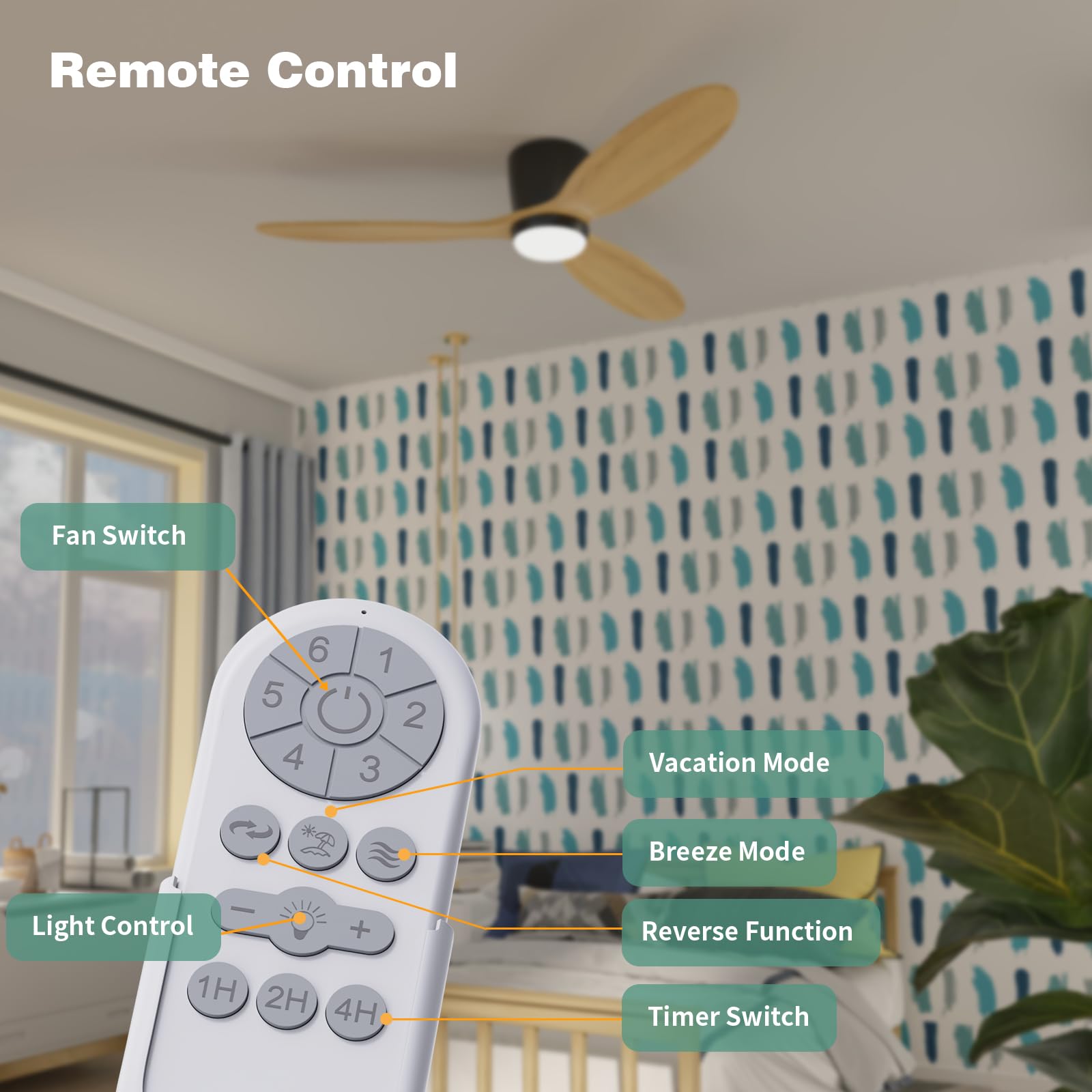 52 Inch Flush Mount Ceiling Fan with Light - Low Profile DC Motor Fan with Remote Control, 6 Speeds & 3 Color Lighting Options, Wood Blades in Modern Matte Black - Perfect for Outdoor, Patio, Bedroom and Living Room Spaces