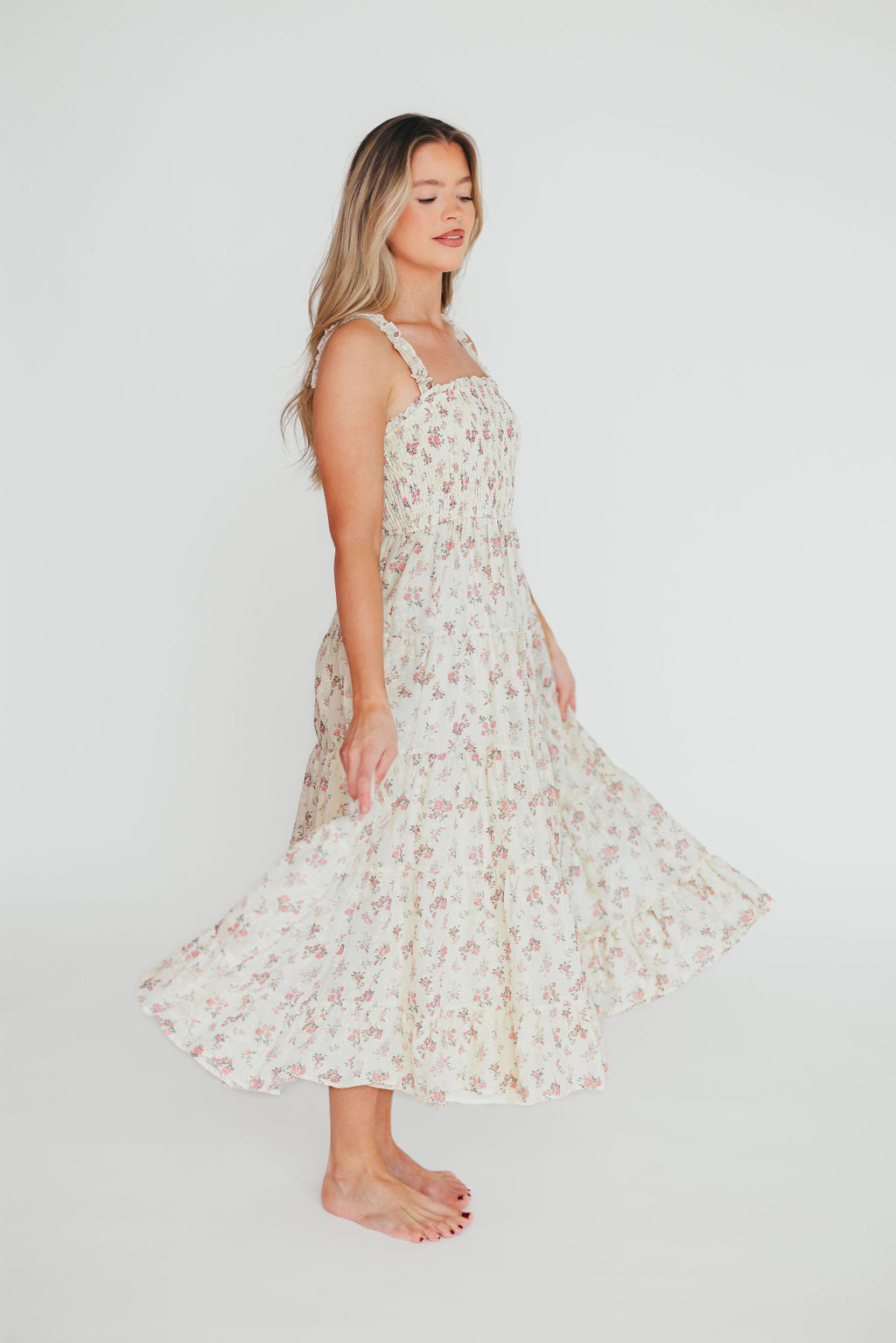 Ryan Ruffle Midi Dress with Embroidered Floral Detail - Cream & Pink Summer Dress for Women | Perfect for Weddings, Garden Parties & Date Nights