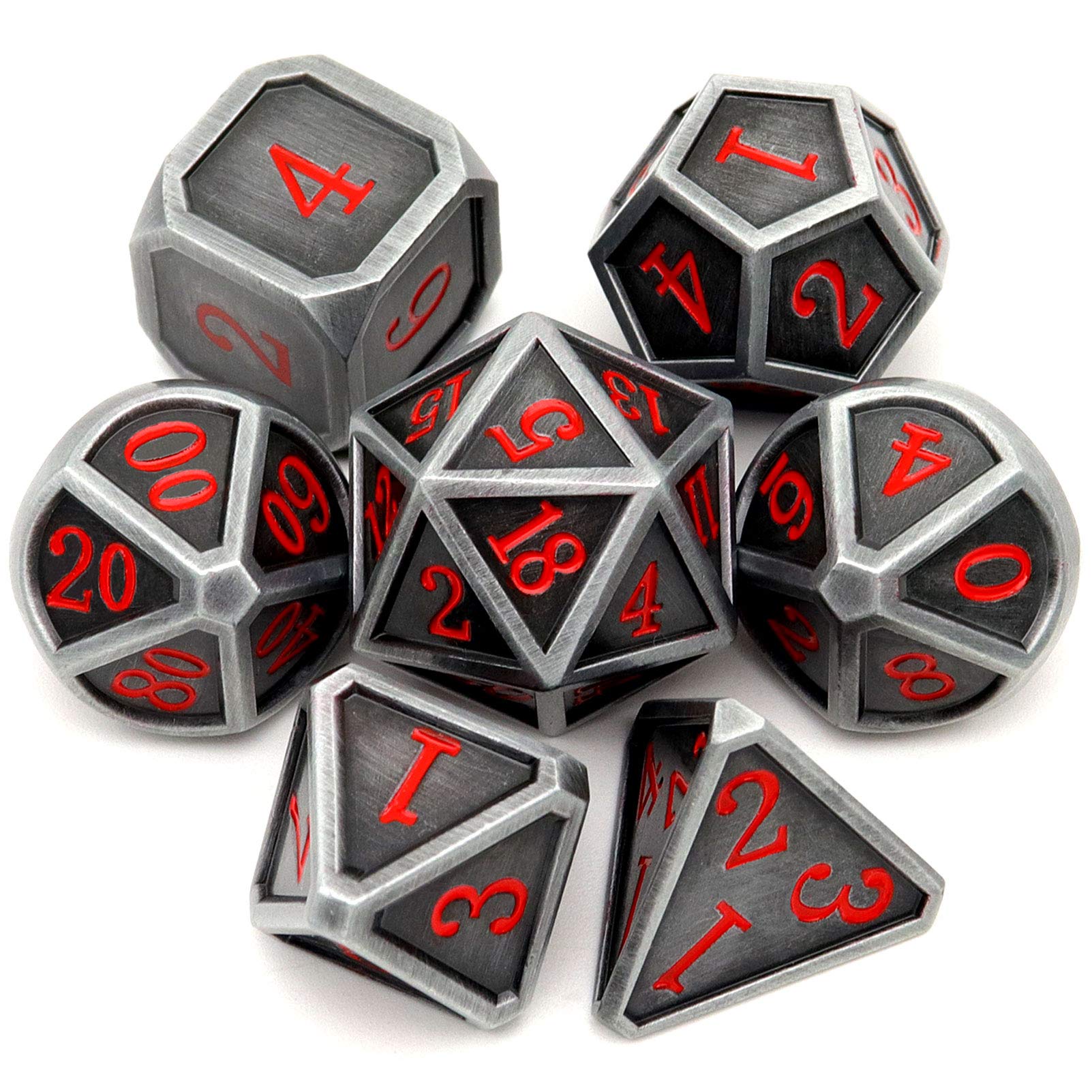 Haxtec 7-Piece Ancient Silver Metal DND Dice Set - Large Rounded Antique Iron RPG Dice with Red Numbers for Dungeons & Dragons, Pathfinder, TTRPG Games - Perfect for Tabletop Roleplaying, Game Nights & Fantasy Gifts (Standard Size)