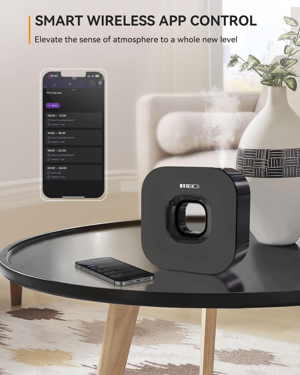 MEIDI Bluetooth Essential Oil Diffuser - Cordless Aromatherapy Device with App Control, Smart Timer, Hang-up Design | Wide Coverage for Home, Office, Spa & Travel | Black | Perfect for Relaxation, Yoga & Sleep Therapy