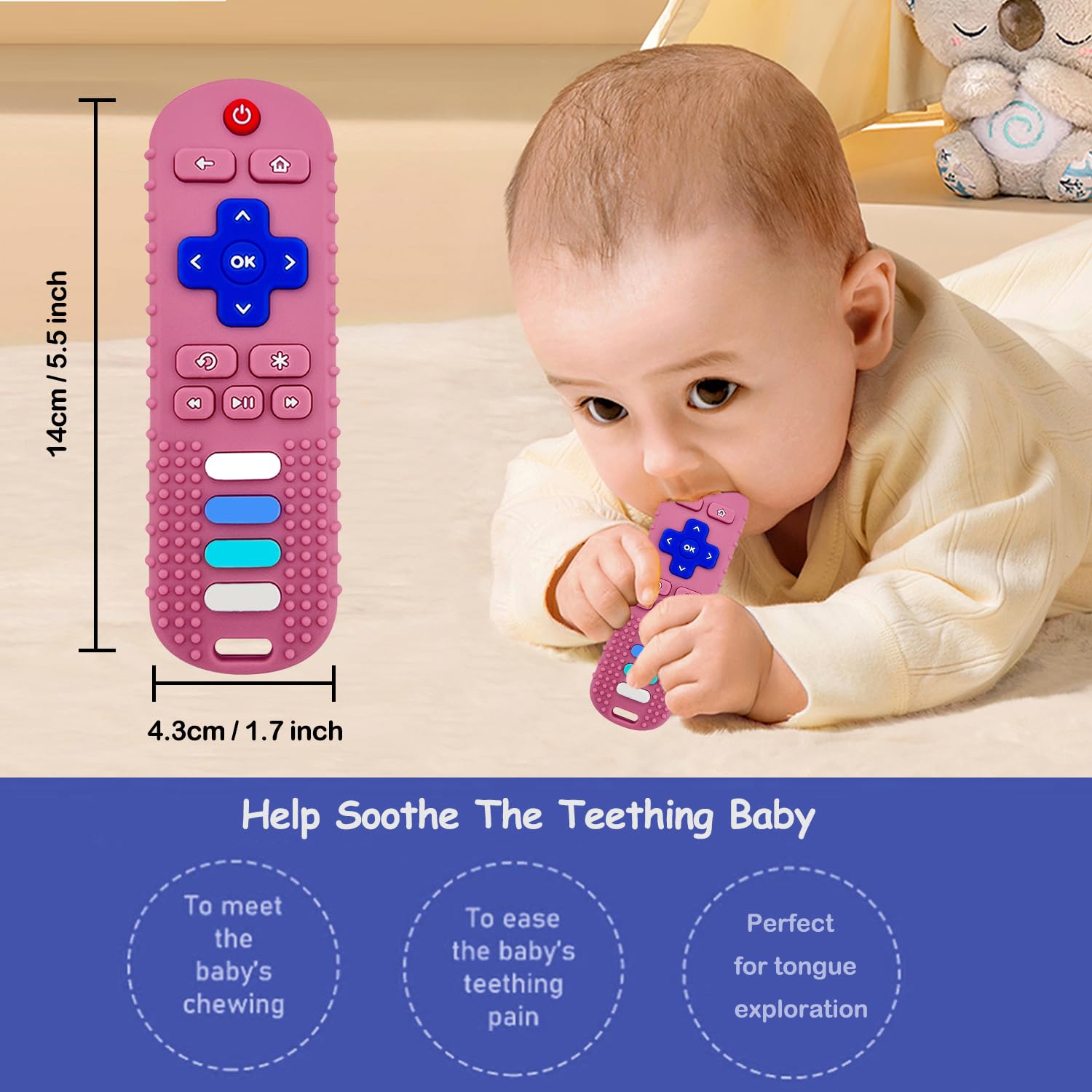 **Organic Baby Teething Toys - BPA Free, Food Grade Silicone Teether for Infants 3-18 Months | TV Remote Shaped Chew Toy for Soothing Sore Gums | Freezer Safe, Perfect for Home, Travel & Daycare (Pink RC)**