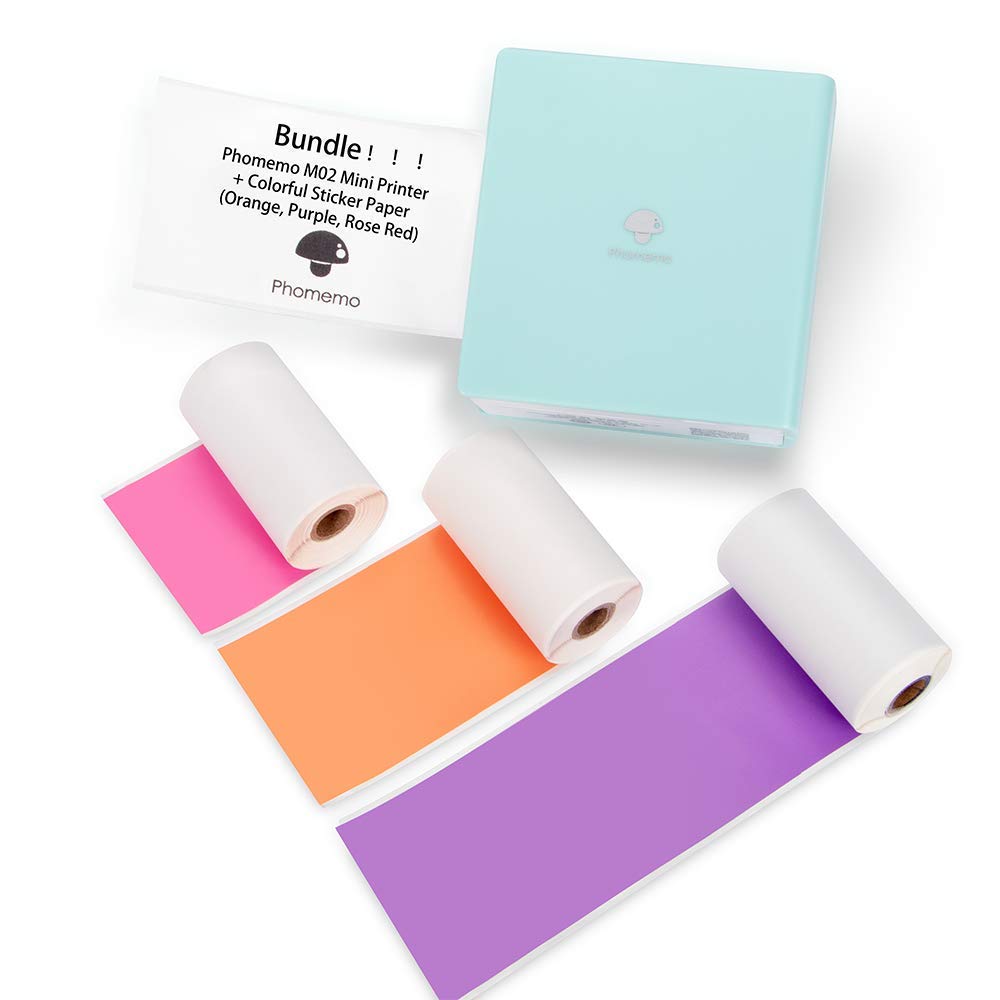 Phomemo M02 Mini Bluetooth Thermal Photo Printer - Portable Sticker Printer with 3 Rolls Colorful Paper, Compatible with iOS & Android for Journaling, Study Notes, Art Projects, Office Use & Gifts | Perfect for Bullet Journals, DIY Crafts, and Home Organization