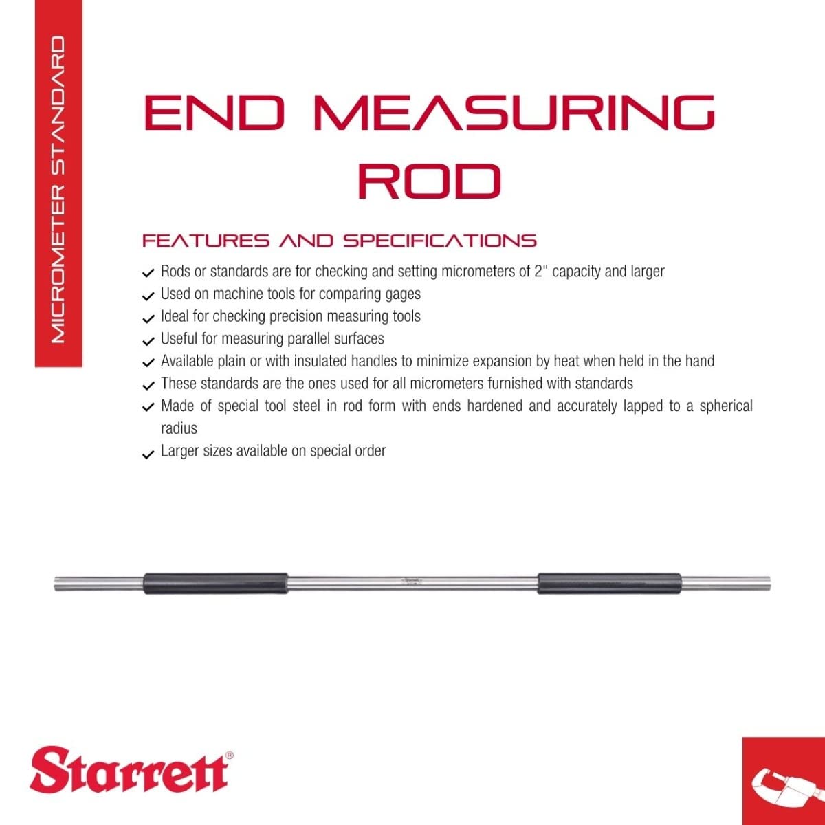 Starrett 11mm Diameter 500mm Length End Measuring Rod with Insulated Handle - Precision Gauge Comparator Tool for Parallel Surface Measurement - Ideal for Machining, Metalworking, and Quality Control Applications