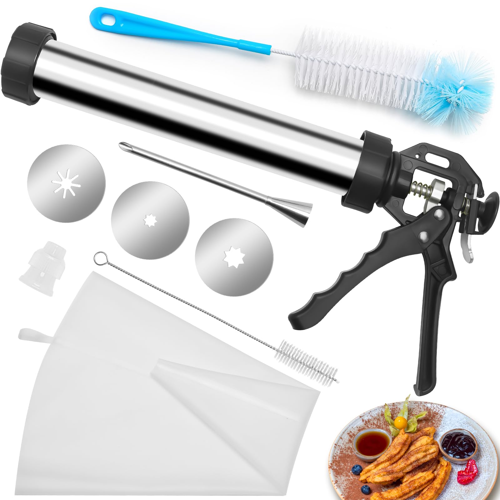 1+8PCS Stainless Steel Churro Maker Kit with 3 Flower Molds, 2 Cleaning Brushes, Piping Bag & Nozzles - Perfect for Home Baking, Party Snacks and Spanish Dessert Making