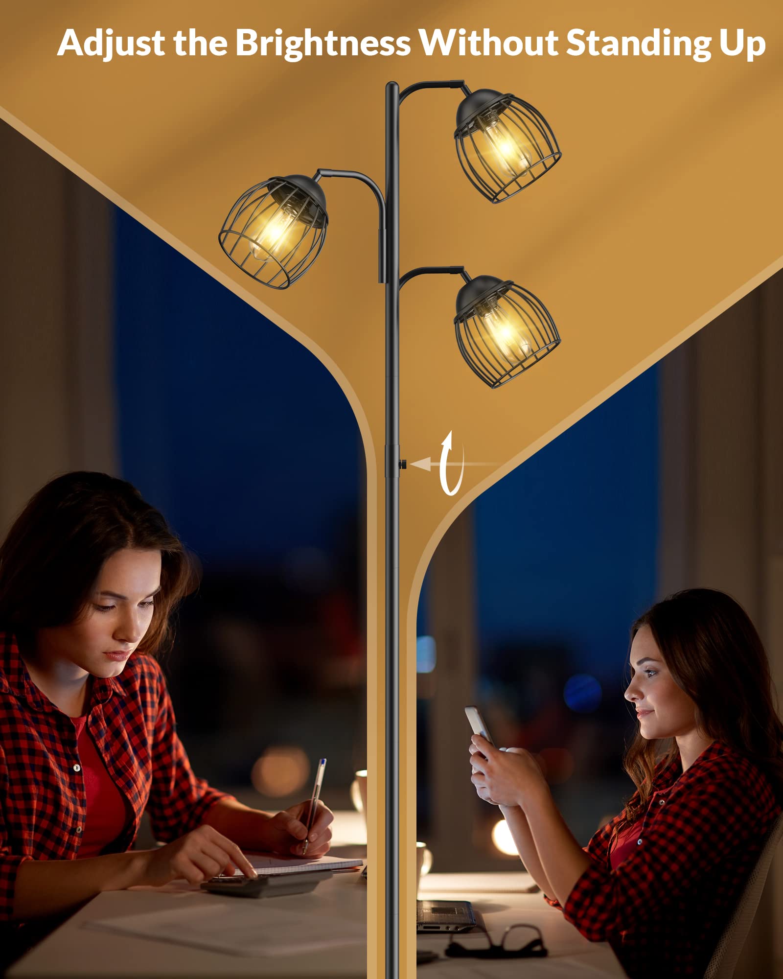 LEPOWER Adjustable Dimmable Floor Lamp with 3 x 1000LM LED Edison Bulbs - Industrial Style Multi-Head Standing Light for Bedroom, Office & Living Room - Perfect for Reading, Working and Ambient Lighting