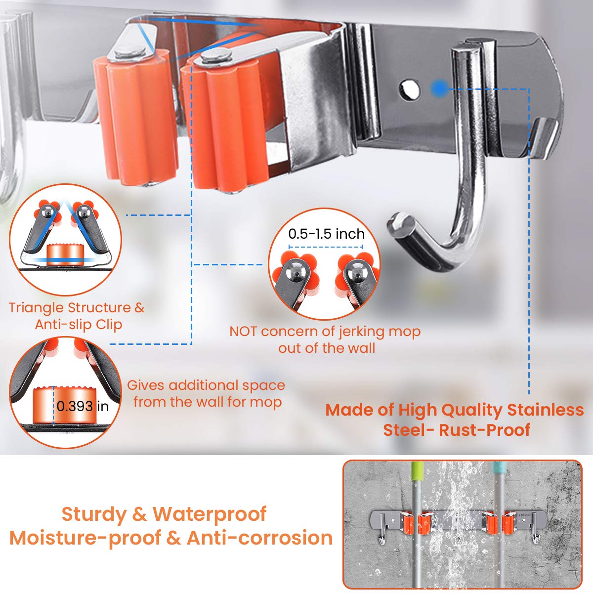 2 Pack Heavy Duty Stainless Steel Broom Holder Wall Mount - 4 Racks & 6 Hooks for Bathroom, Kitchen, Office, Closet, Garden - Space Saving Storage Organizer for Brooms, Mops, Tools and Cleaning Supplies