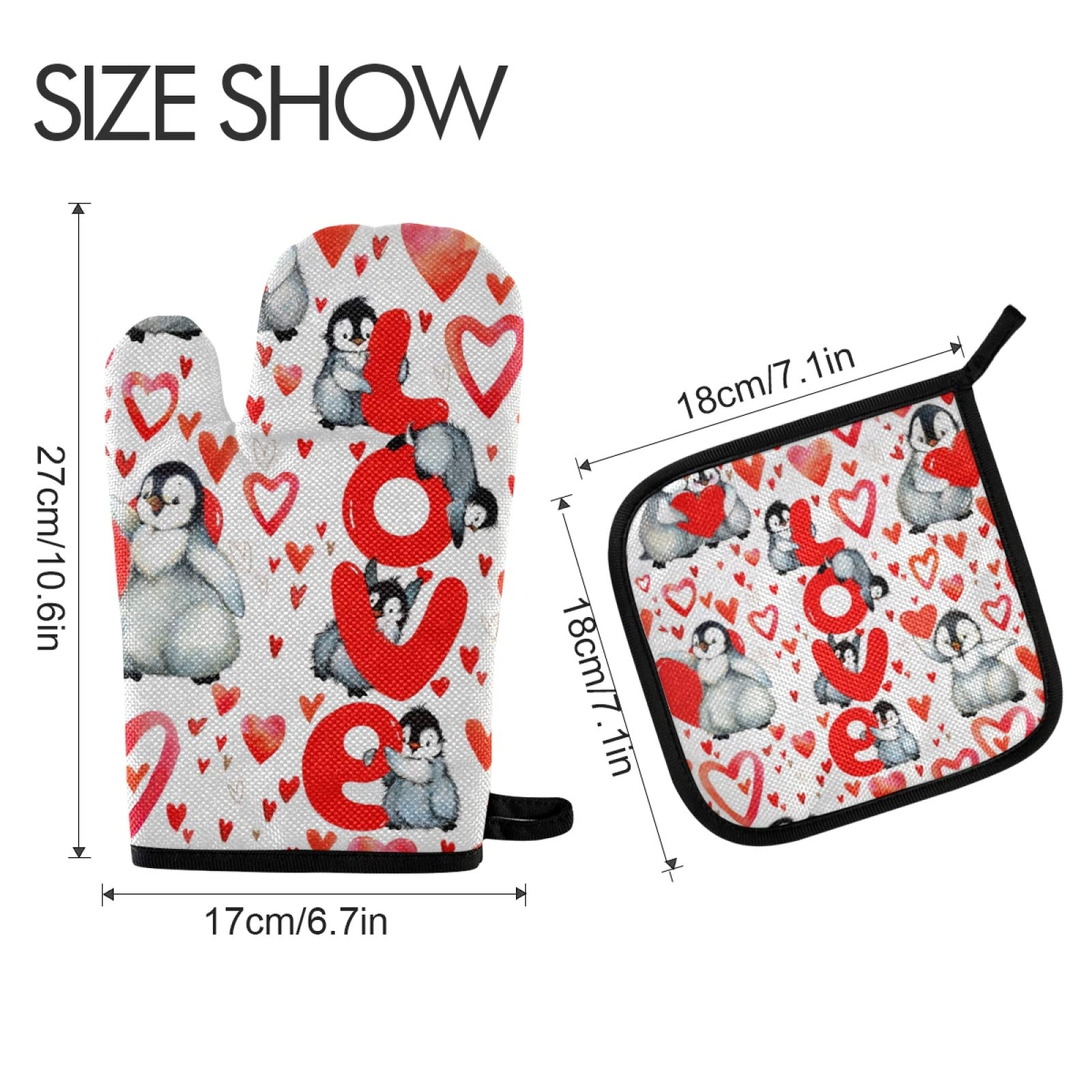 Cute Penguins Love Oven Mitts and Pot Holder Set - 2pcs Heat Resistant Non-Slip Kitchen Accessories for Women, Perfect for Cooking, Baking & BBQ | Mother's Day Gift Idea for Mom with Red Heart Design