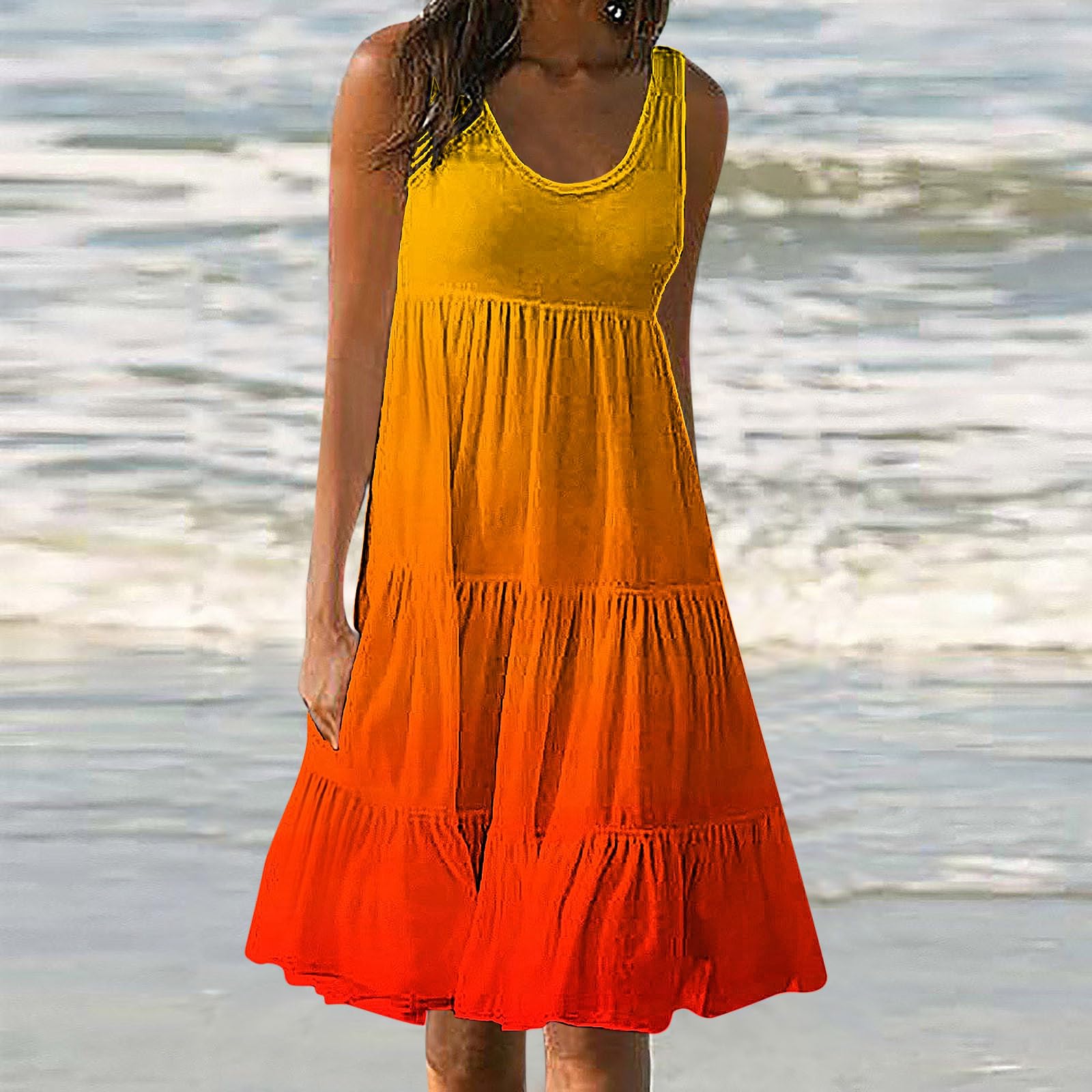 2024 Women's Plus Size Sun Dresses - Gradient Color Loose Fit Ruched Beach Dress with Tiered Knee Length | Perfect for Vacation, Summer Outings & Beach Getaways
