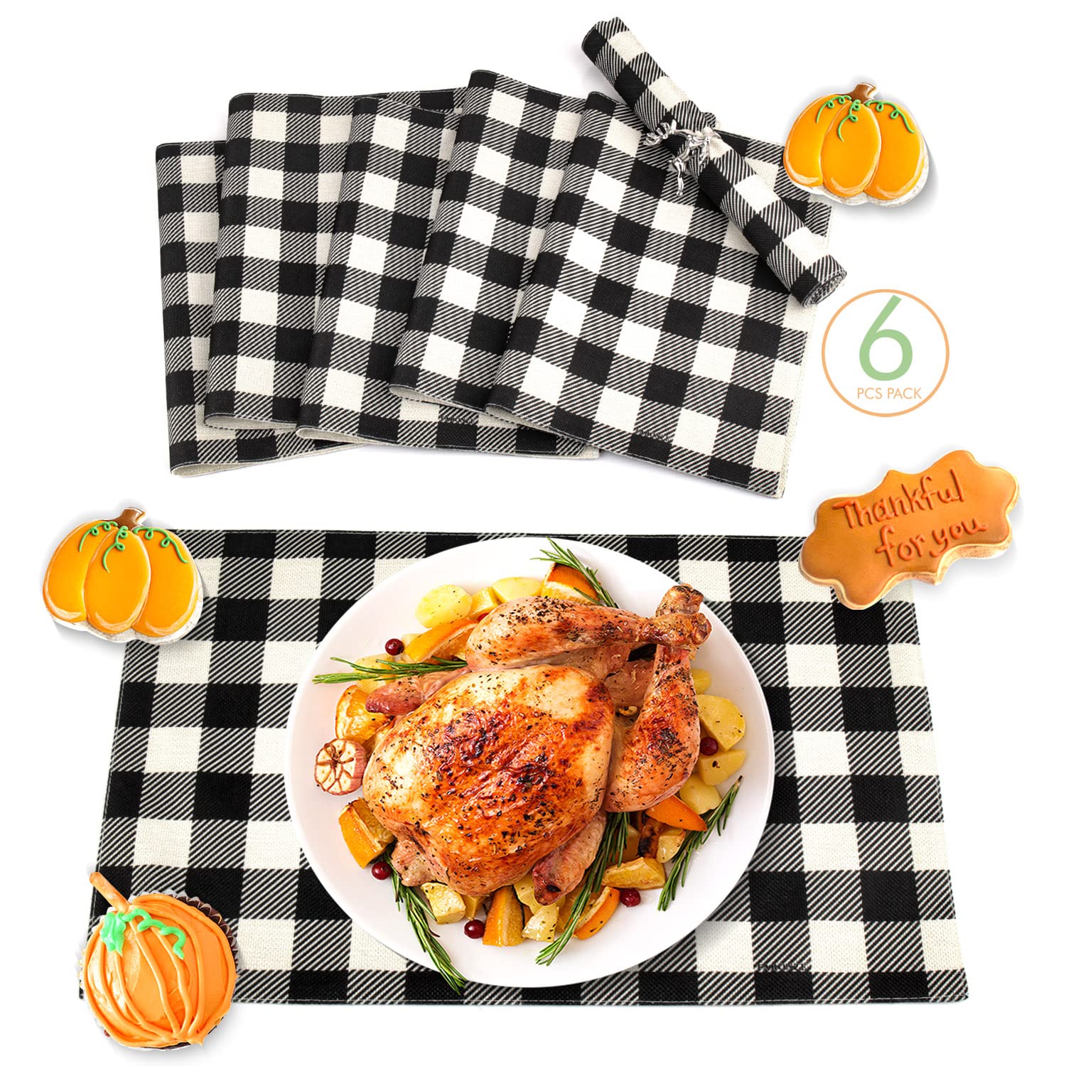 Buffalo Plaid Christmas Placemats Set of 6 - Black and White Farmhouse Style Holiday Dinner Mats for Table Decor, Dining, and Party Settings