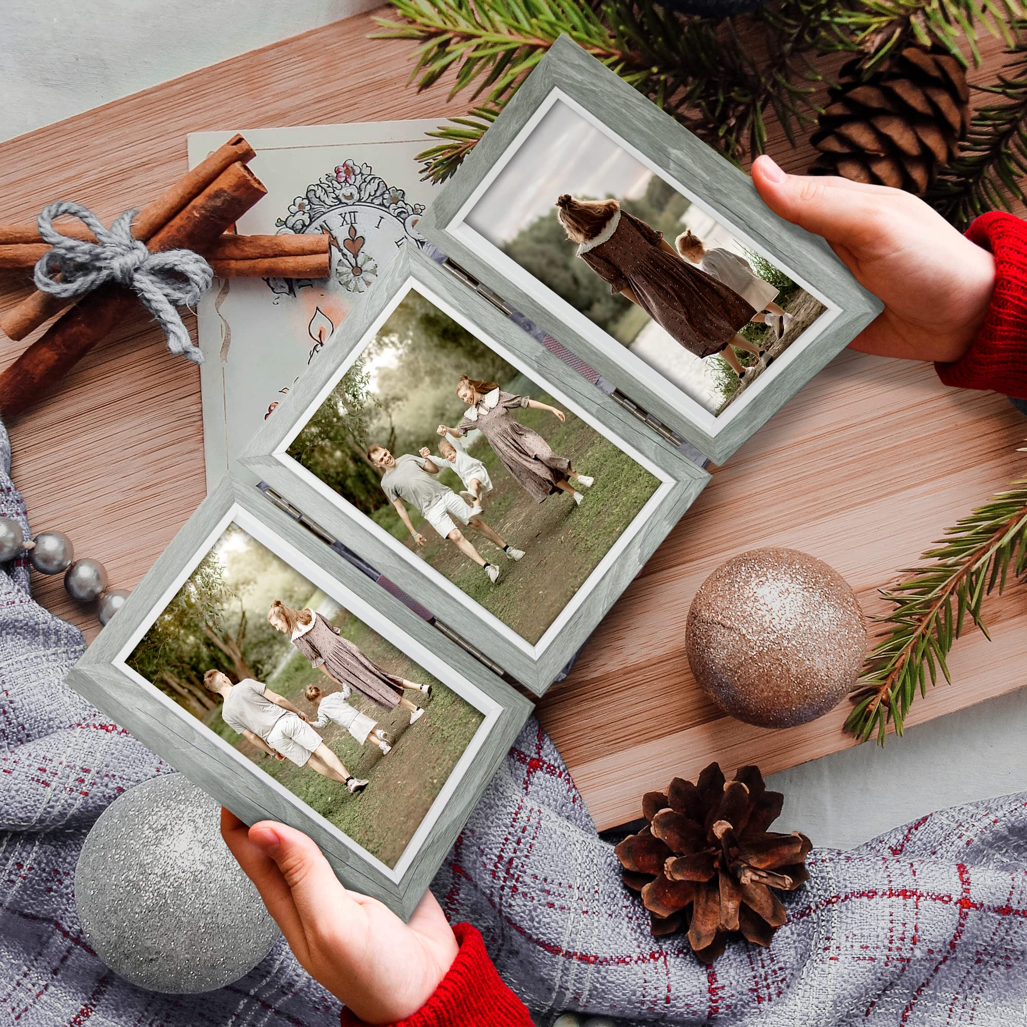 4x6 Picture Frame Collage Set of 3 - Real Glass Grey Wood Foldable Photo Frames for Wall & Tabletop Display - Perfect Gift for Family & Friends - Home Decor, Office, Living Room, Bedroom Display