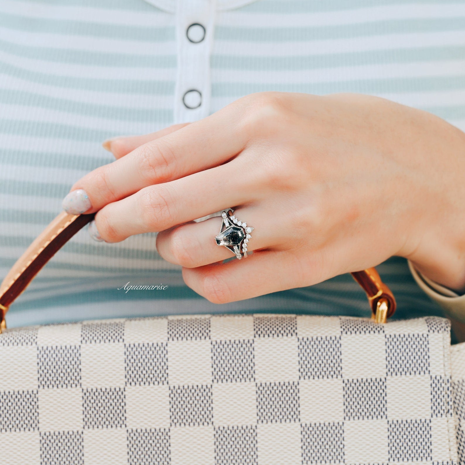 14K White Gold Coffin Cut Salt and Pepper Diamond Ring Set - Herkimer Diamond Engagement & Wedding Band - Perfect for Unique Bridal Jewelry & Anniversary Gifts