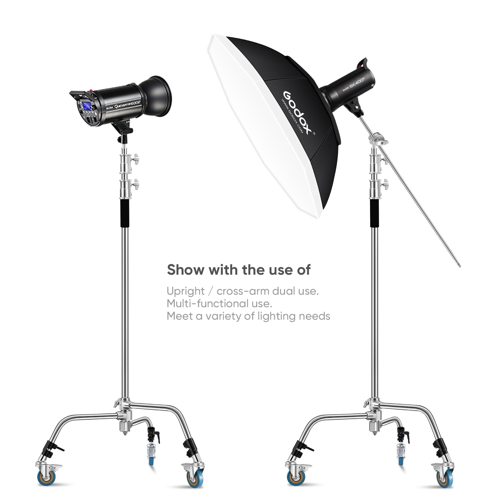 Heavy Duty 11.3ft/345cm C Stand with 4.2ft/128cm Boom Arm & Wheels - Professional Stainless Steel Century Stand for Photography Studio, Video Lighting - Perfect for Reflectors, Umbrellas, Softboxes & Monolights - Ideal for Film Sets, YouTube Studios & Commercial Photography