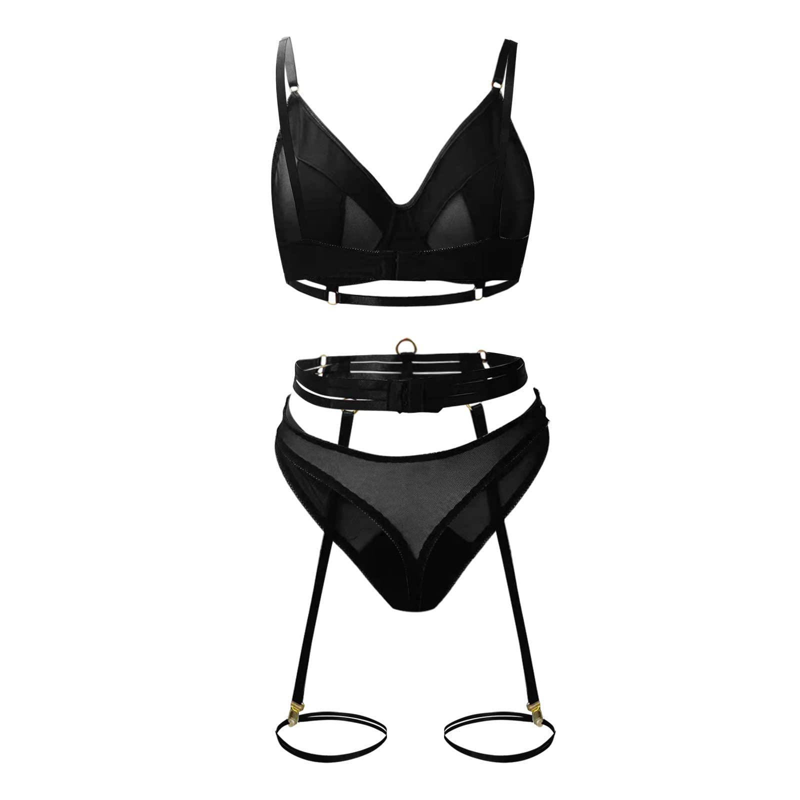 Sexy Women's Lingerie Set - Black Metal Sling Comfortable Slim Strap Sleepwear with Thong & Garters | Perfect for Boudoir Photography, Romantic Nights & Special Occasions