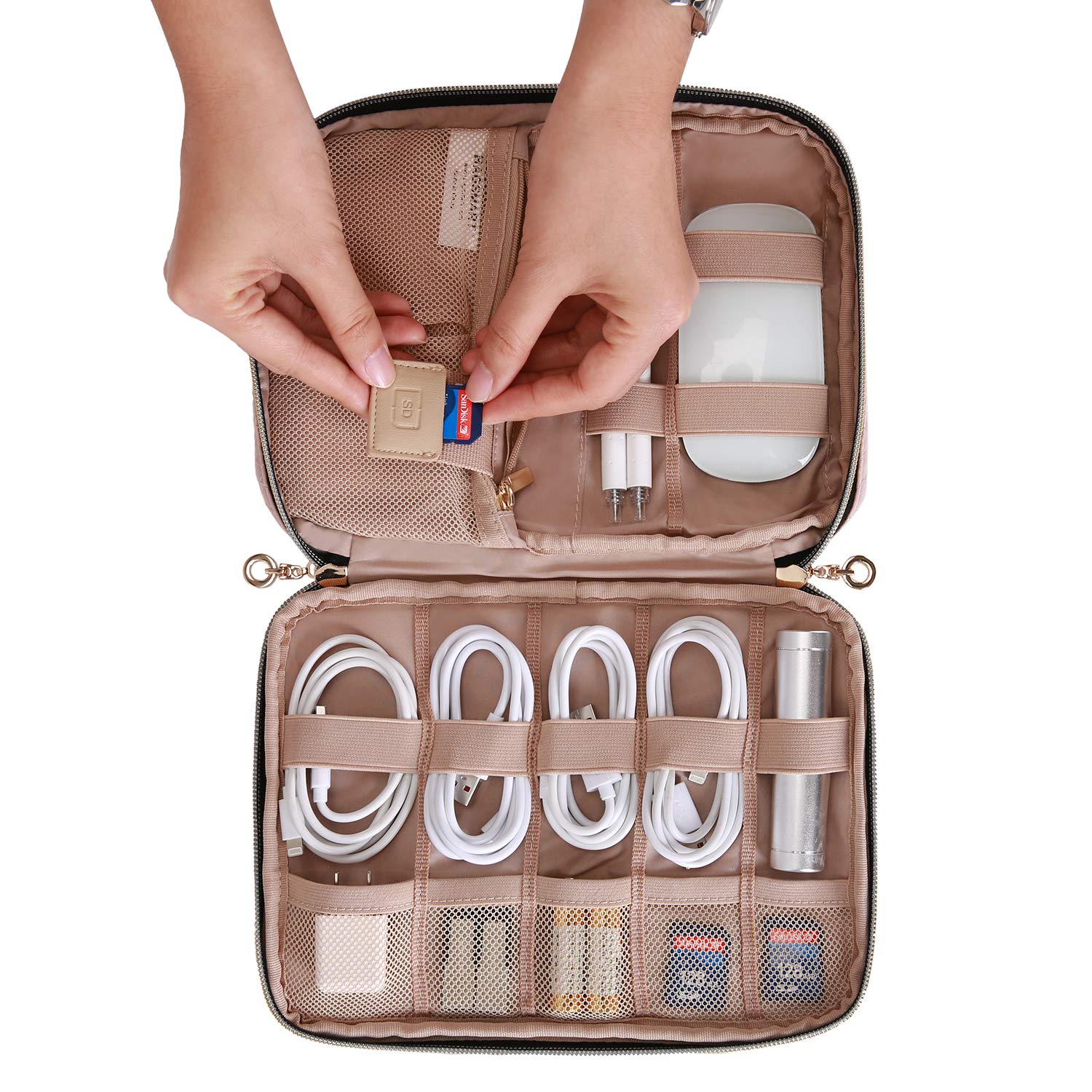 BAGSMART Large Electronics Organizer Travel Case - Waterproof Cable Organizer Bag with Multiple Pockets for Laptop, Tablet, Chargers & Accessories | Perfect for Business Trips, Vacation & Daily Commute (Pink)