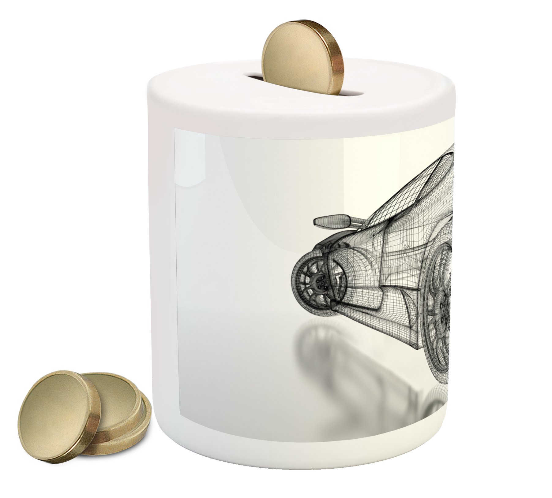 Lunarable 3D Sports Car Ceramic Piggy Bank - Digital Draft Pattern Money Box for Cash Saving, Grey White - Perfect Gift for Kids, Car Enthusiasts & Collectors