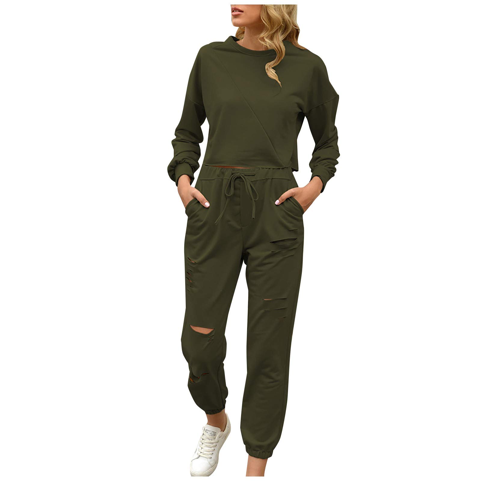Women's 2-Piece Workout Set - Long Sleeve T-Shirt & Sweatpants with Pockets - Pure Color Matching Outfit for Yoga, Gym & Home Comfort | Dear92 Activewear